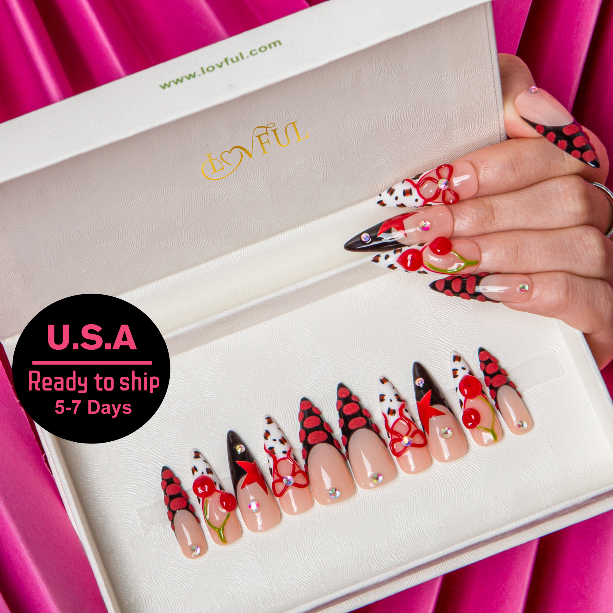 Cherry Bombshell Handmade Stiletto Nails H467 RTS