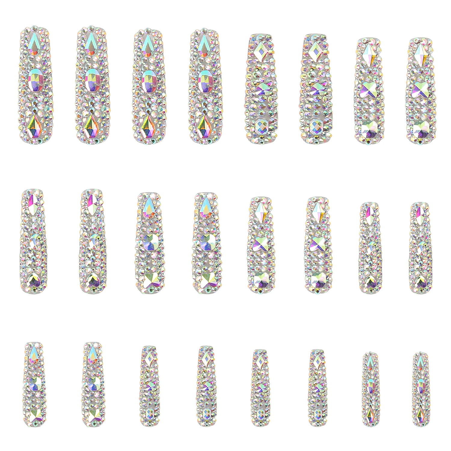 24 press-on nails from Lovful's 'Eternal Stunning' collection, covered in radiant rhinestones for a glamorous and shimmering look.