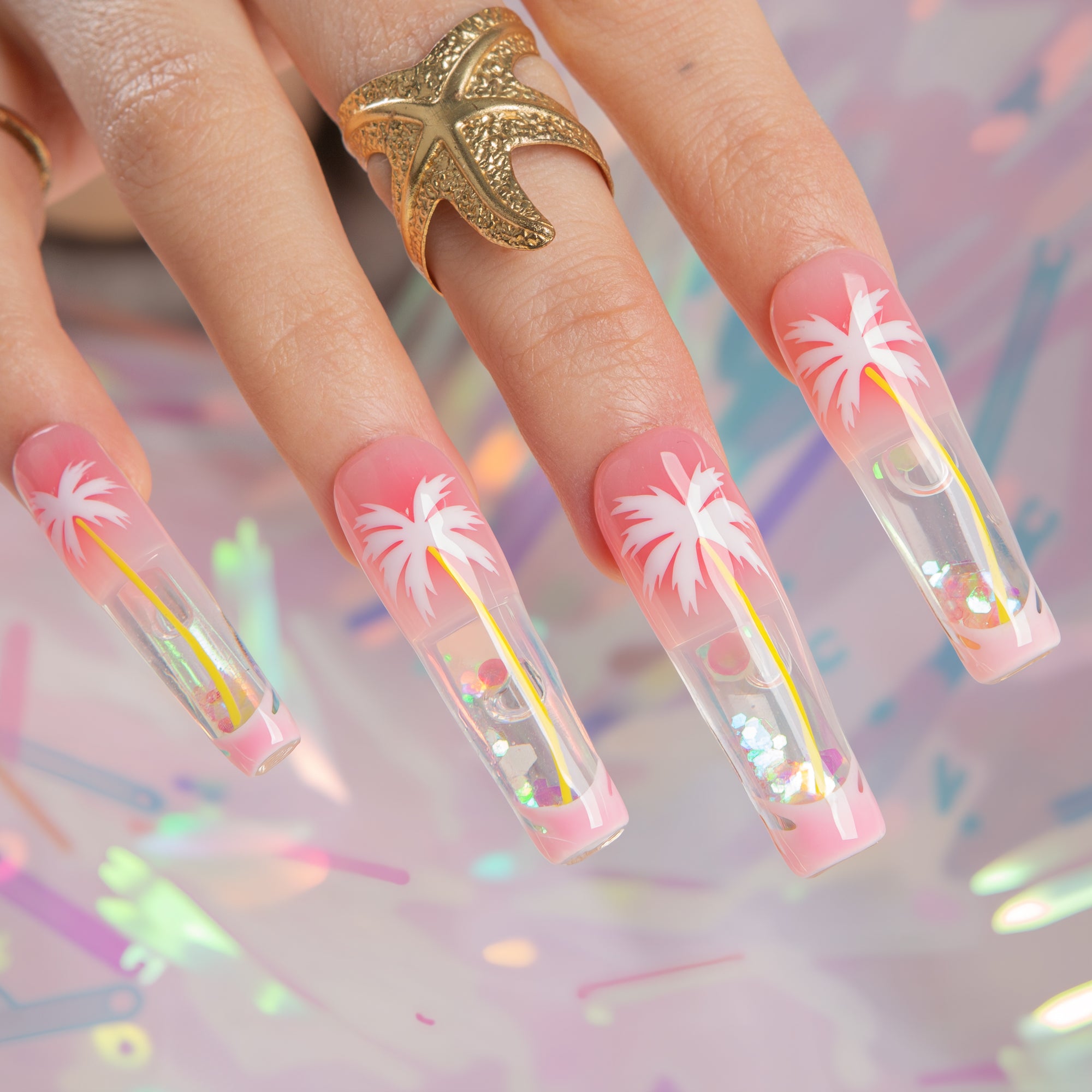 Moonlit Coast Handmade Fluid Glitter Nails GLOW IN THE DARK H680
