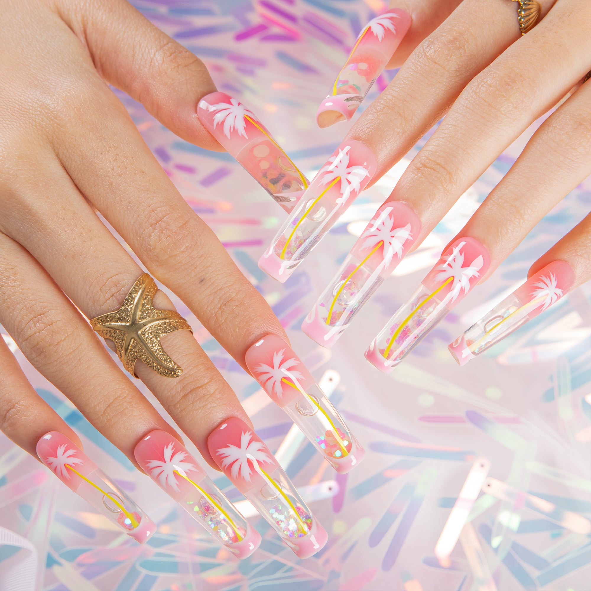 Moonlit Coast Handmade Fluid Glitter Nails GLOW IN THE DARK H680