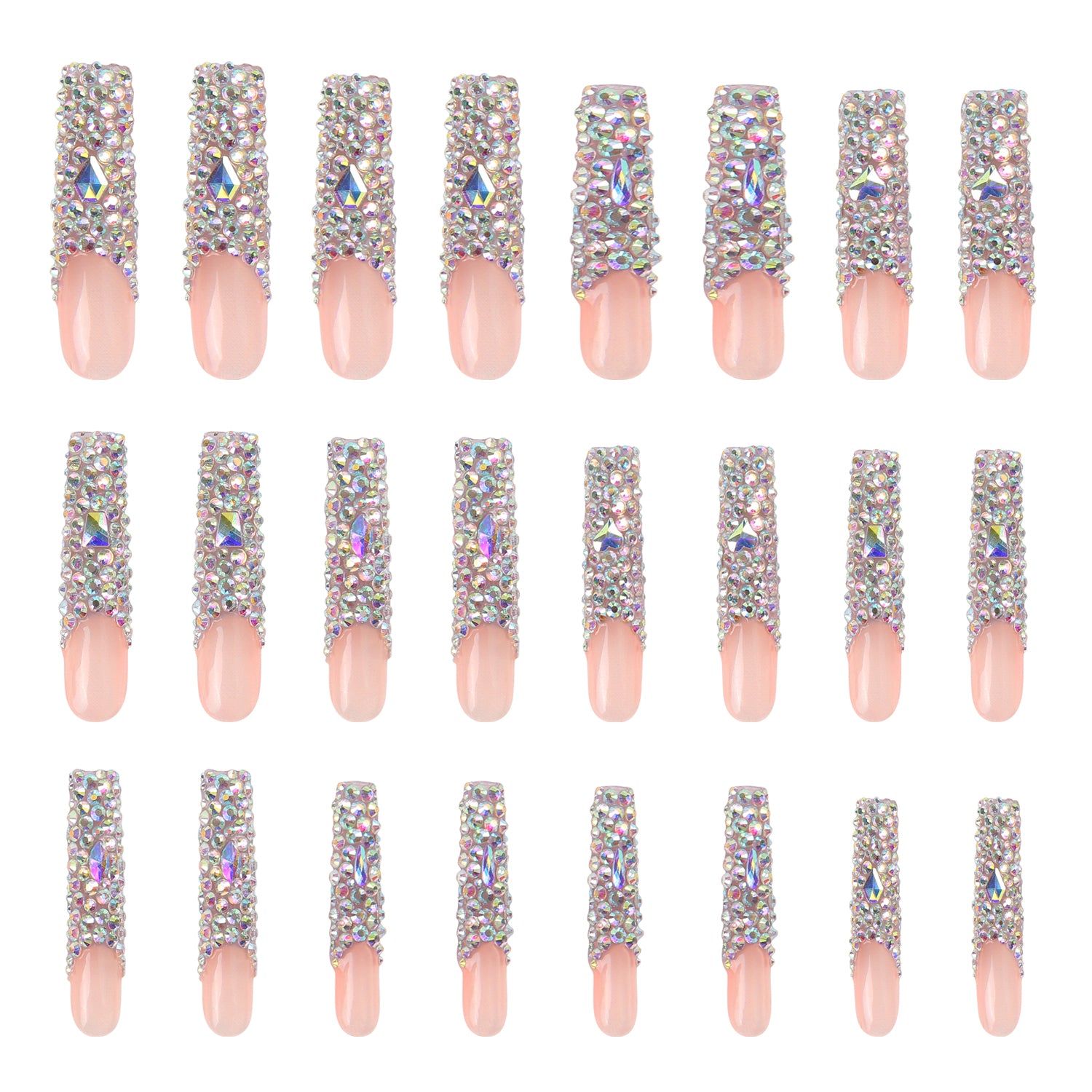 24-piece set of Angel's Tear (H48) press-on nails featuring divine French tip design covered with shimmering, radiant rhinestones. Perfect for glamorous events and celestial-themed parties.