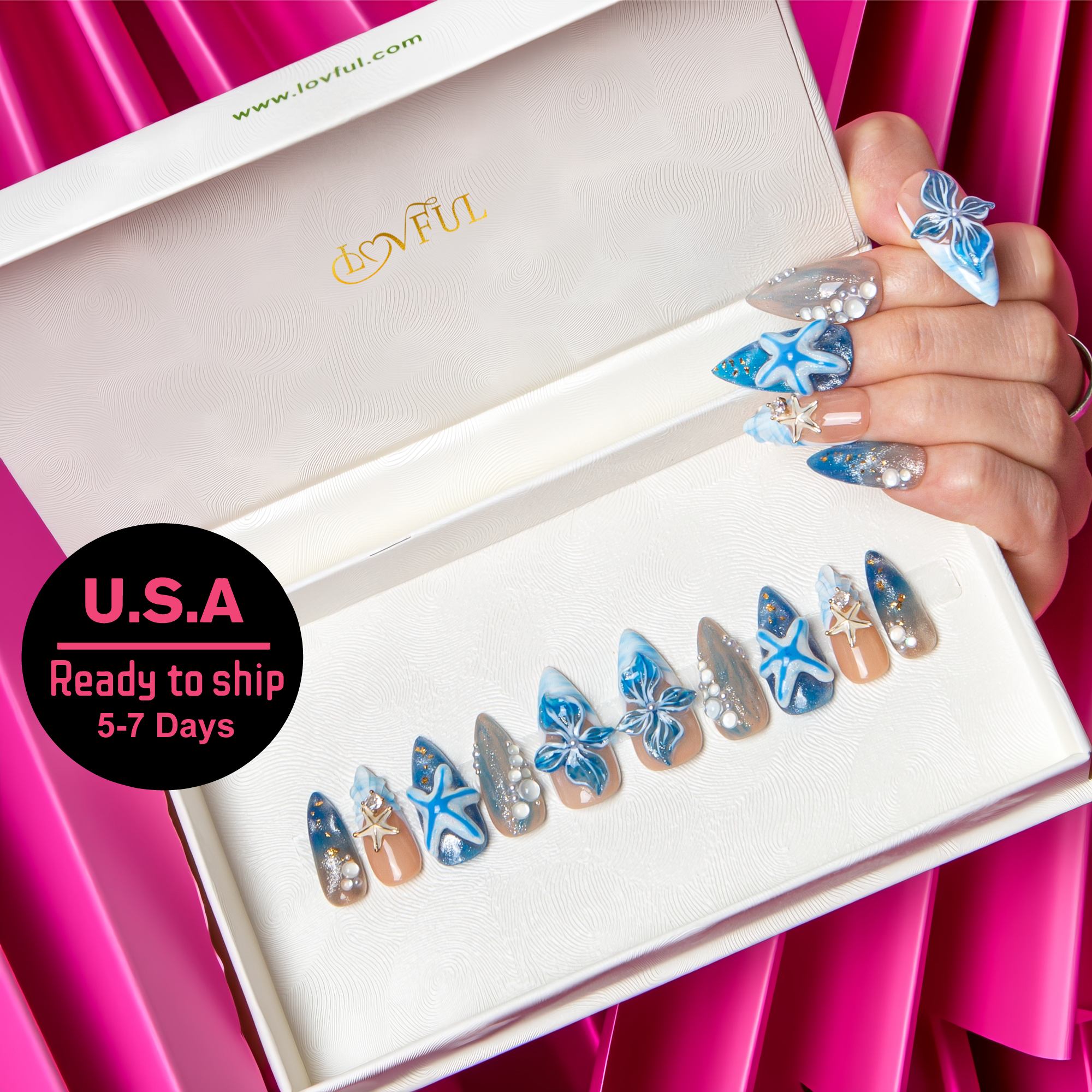 Ocean Lullaby Handmade Stiletto Nails H497 RTS