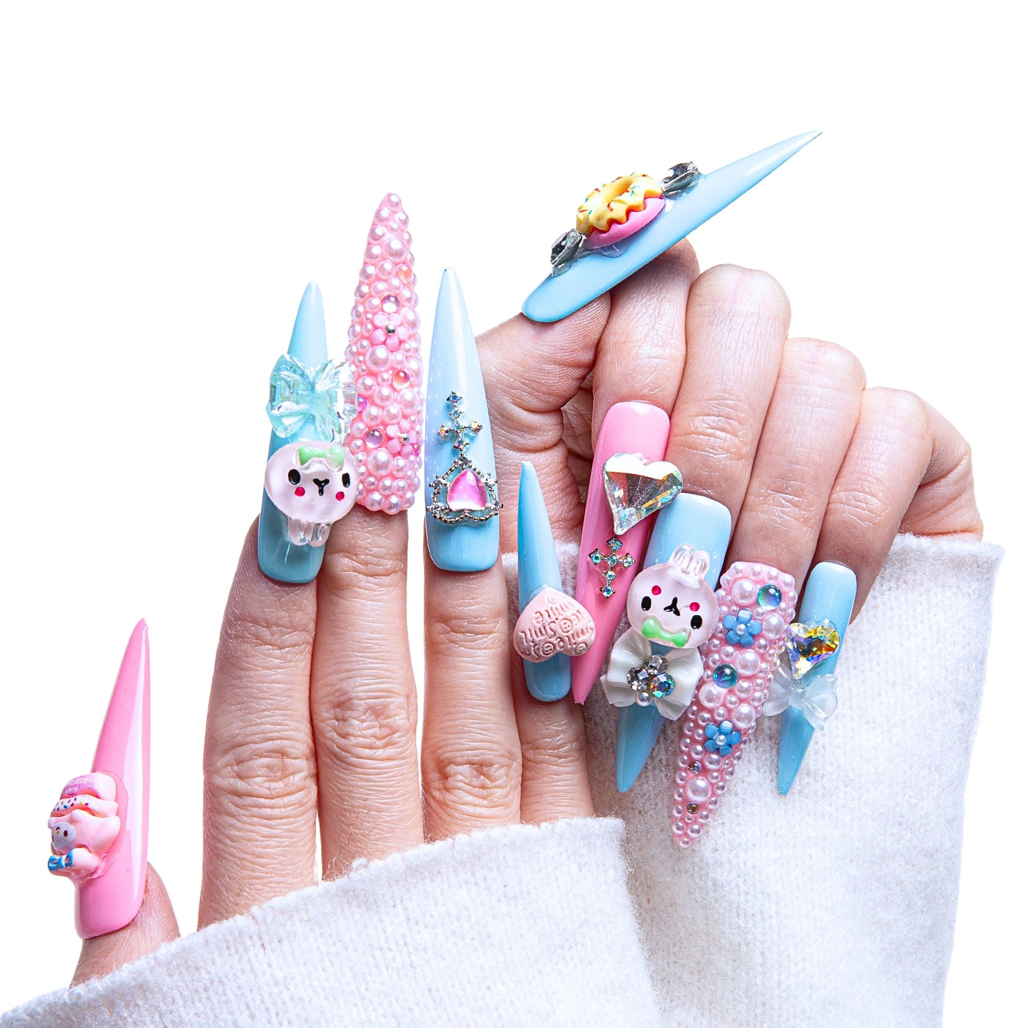 Pastel Dream Press-on Nails with cute embellishments, heart shapes, and bows