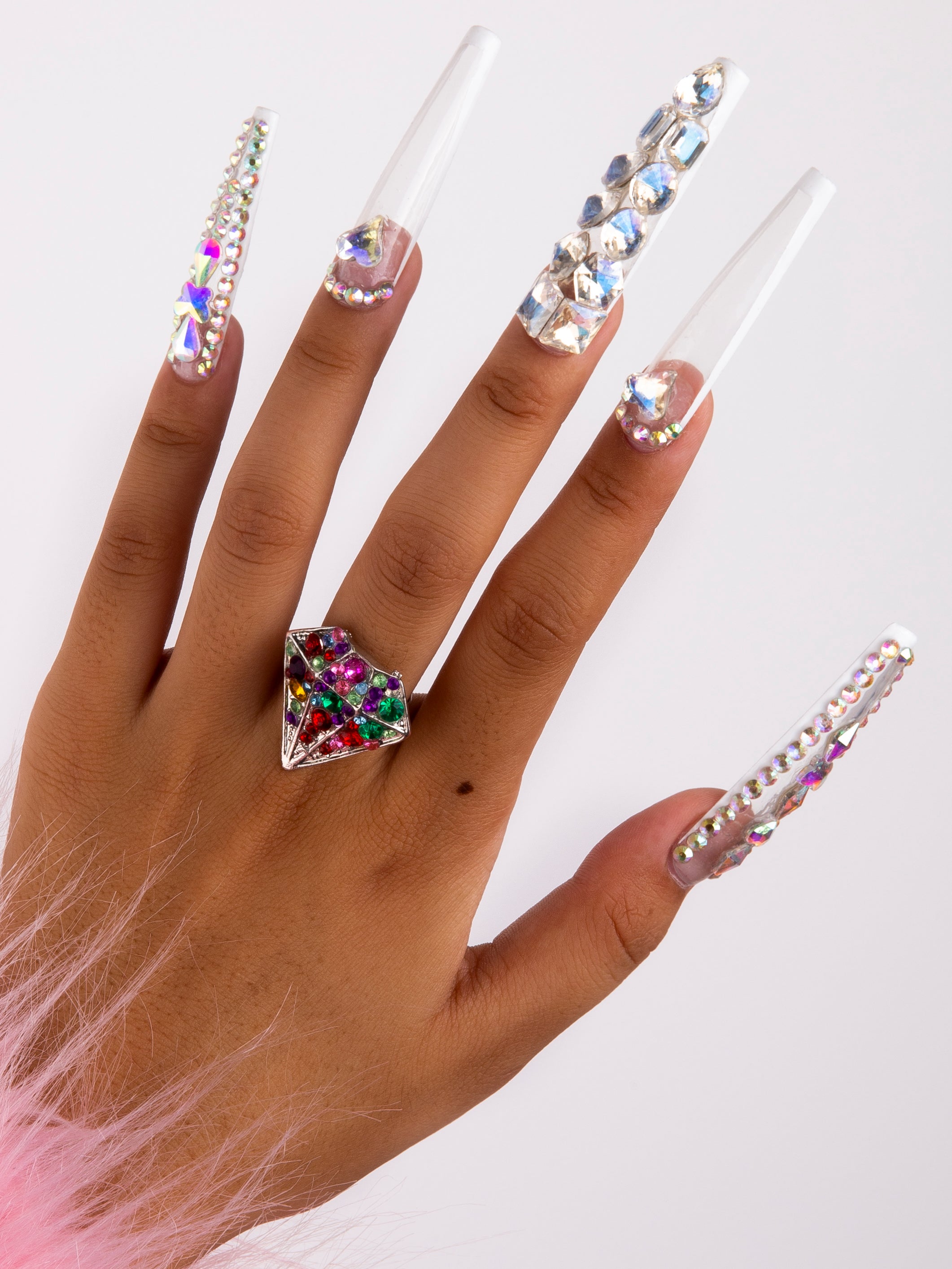 French tip press on nail with rhinestone