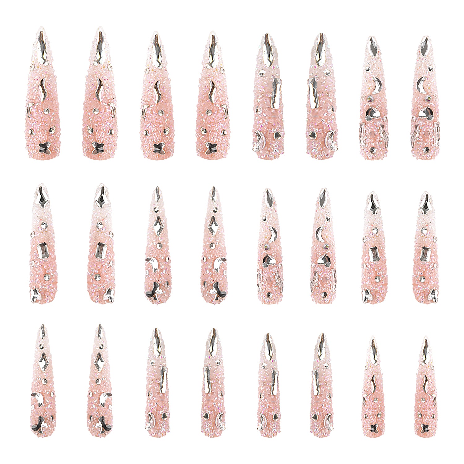 Set of 24 light pink press-on acrylic nails with cane sugar-like rhinestones from Lovful's Berry Shake collection, adding a sparkling and elegant touch.