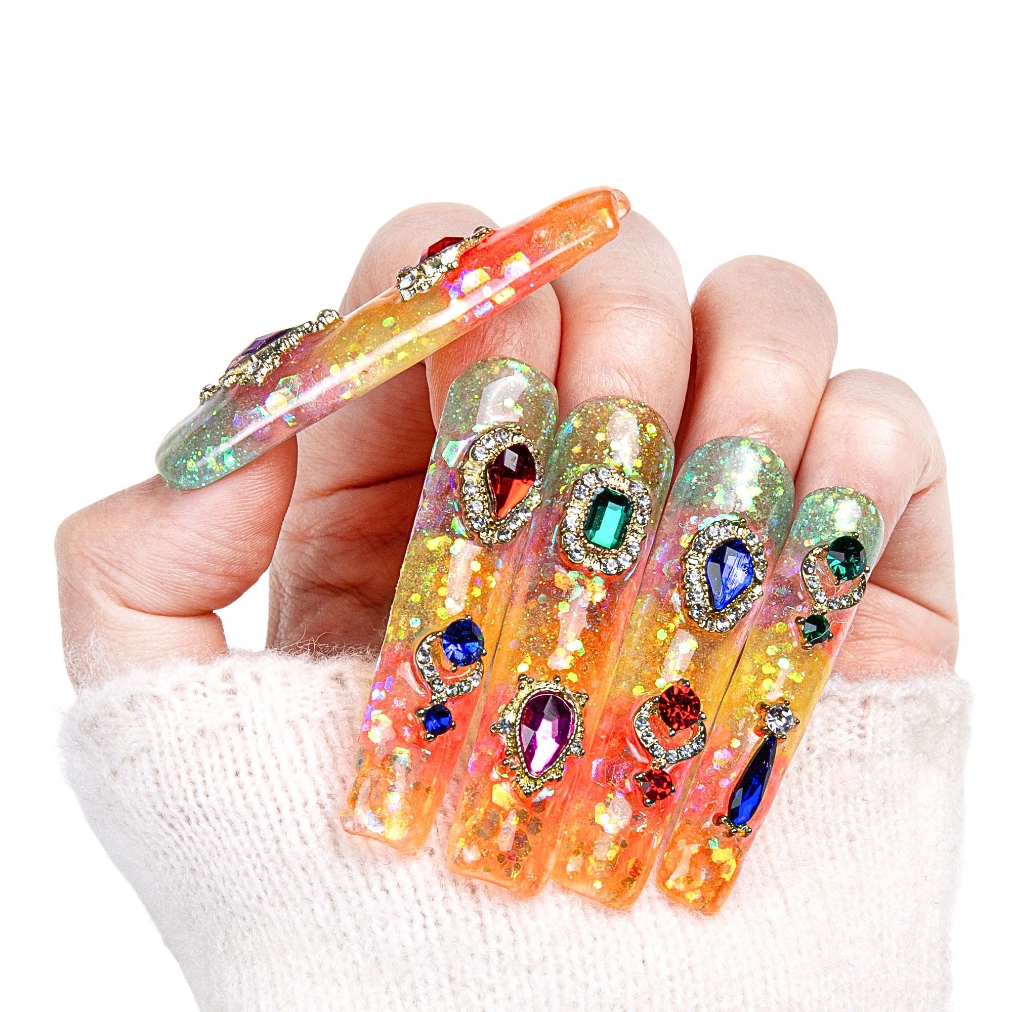 Coral Dream Rhinestone Press-on Nails, handmade nail art