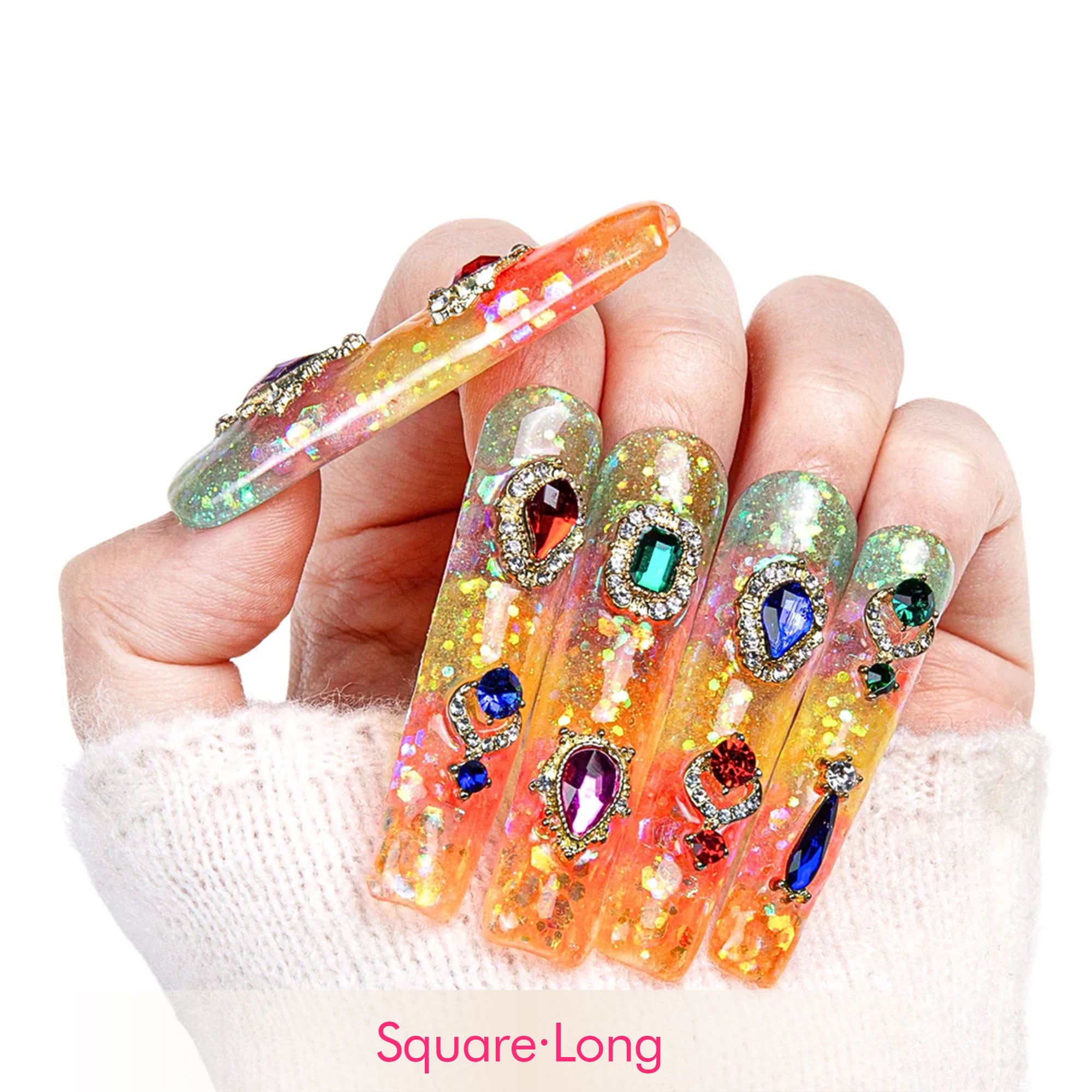 Coral Dream Rhinestone Handmade Nails H59