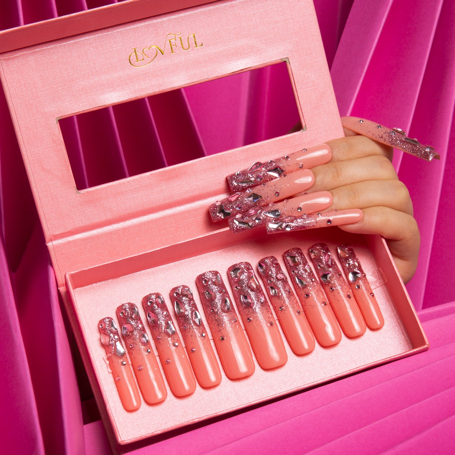 Pink Glitter Handmade Square nails H60