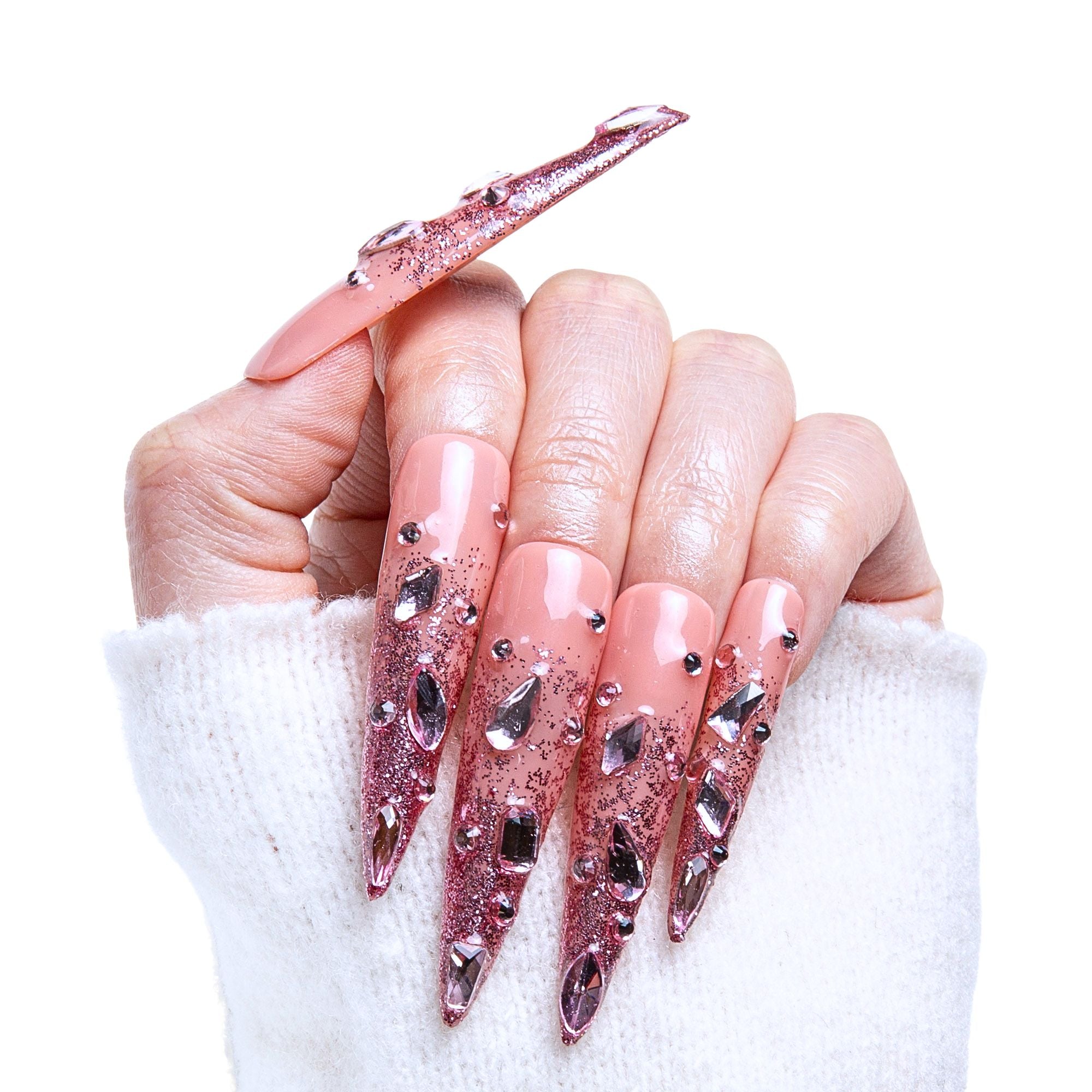 Pink Glitter Handmade Nails H60