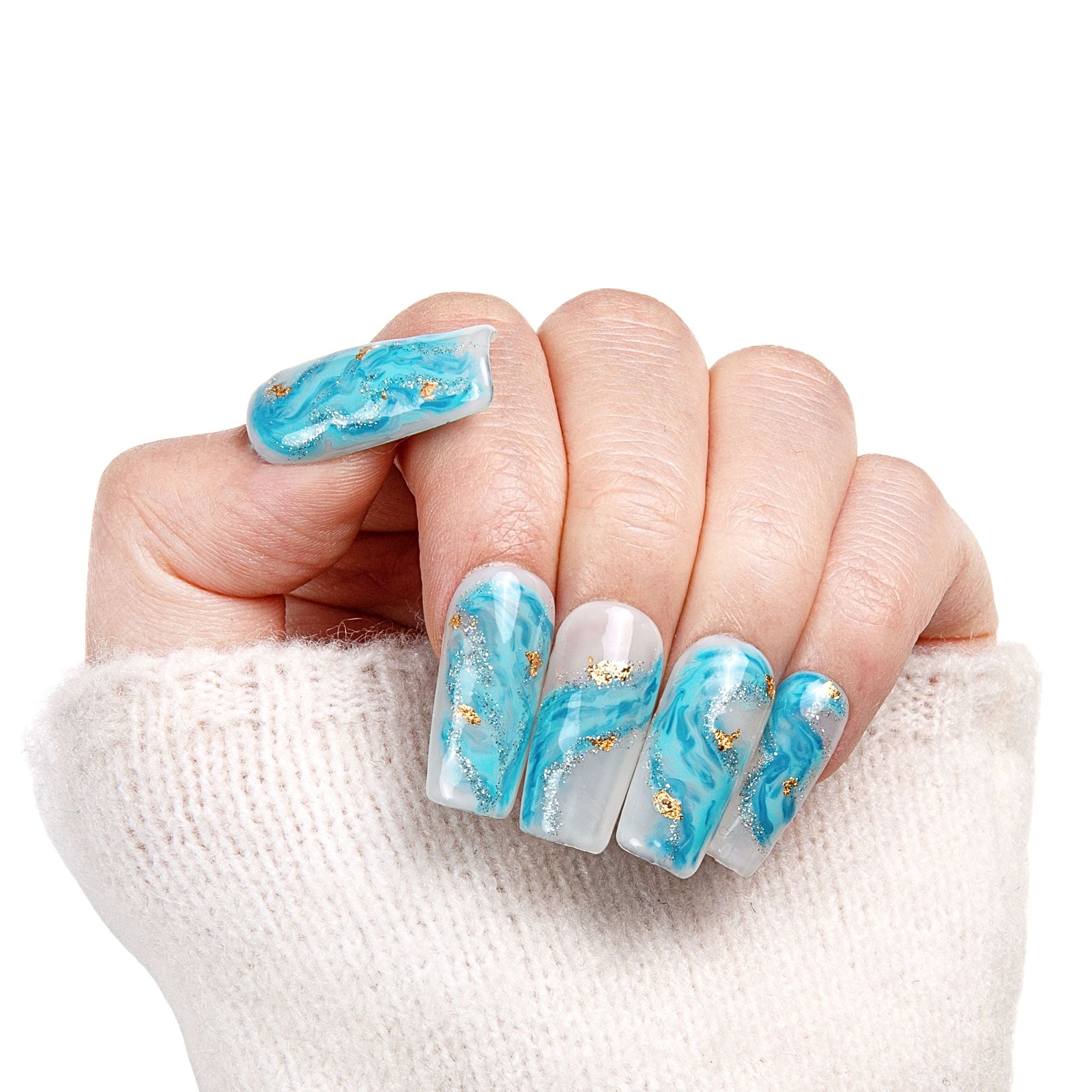 Blue Bay Wave Blue French Tip Handmade Nails H63