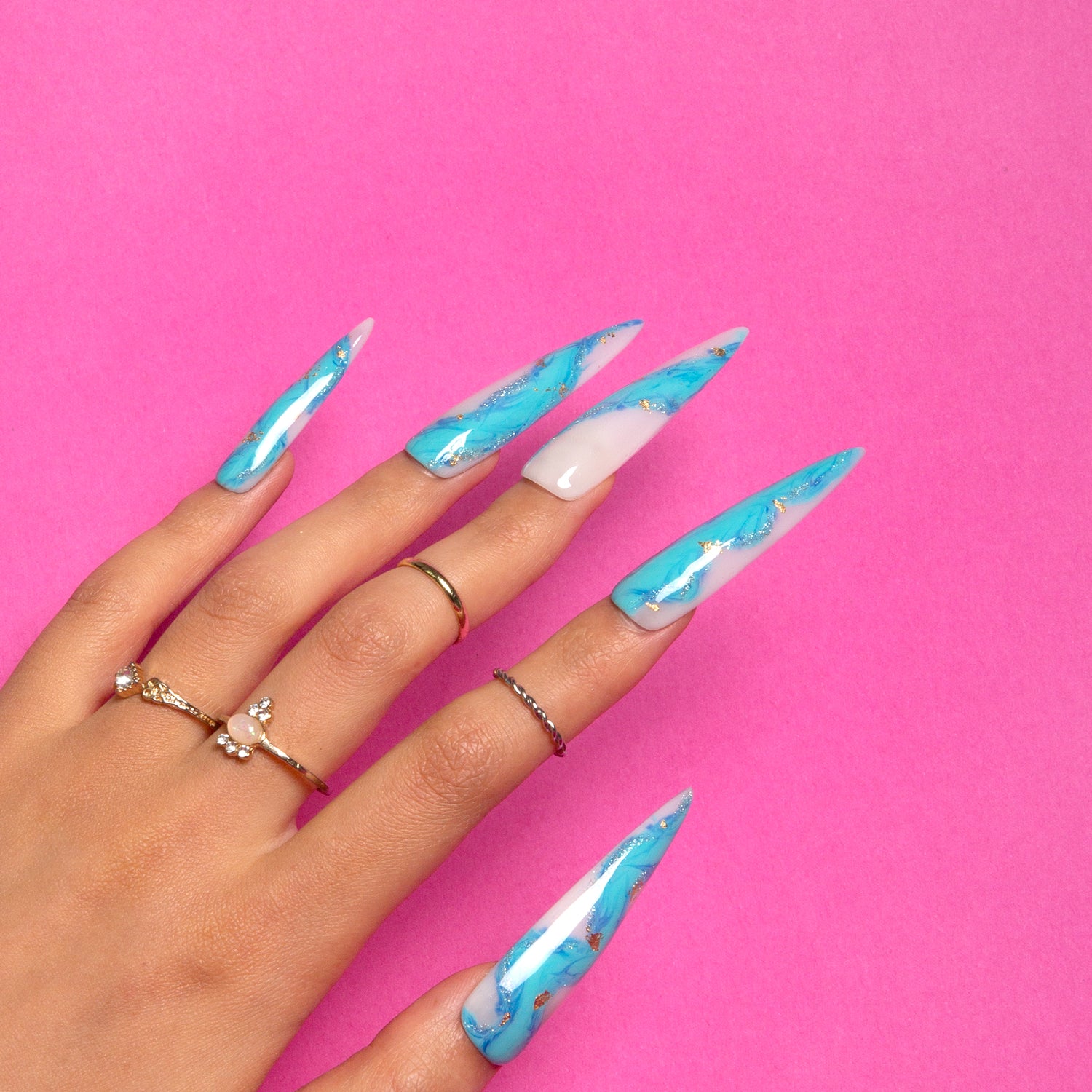 Blue Bay Wave blue french tip Stiletto nails H63