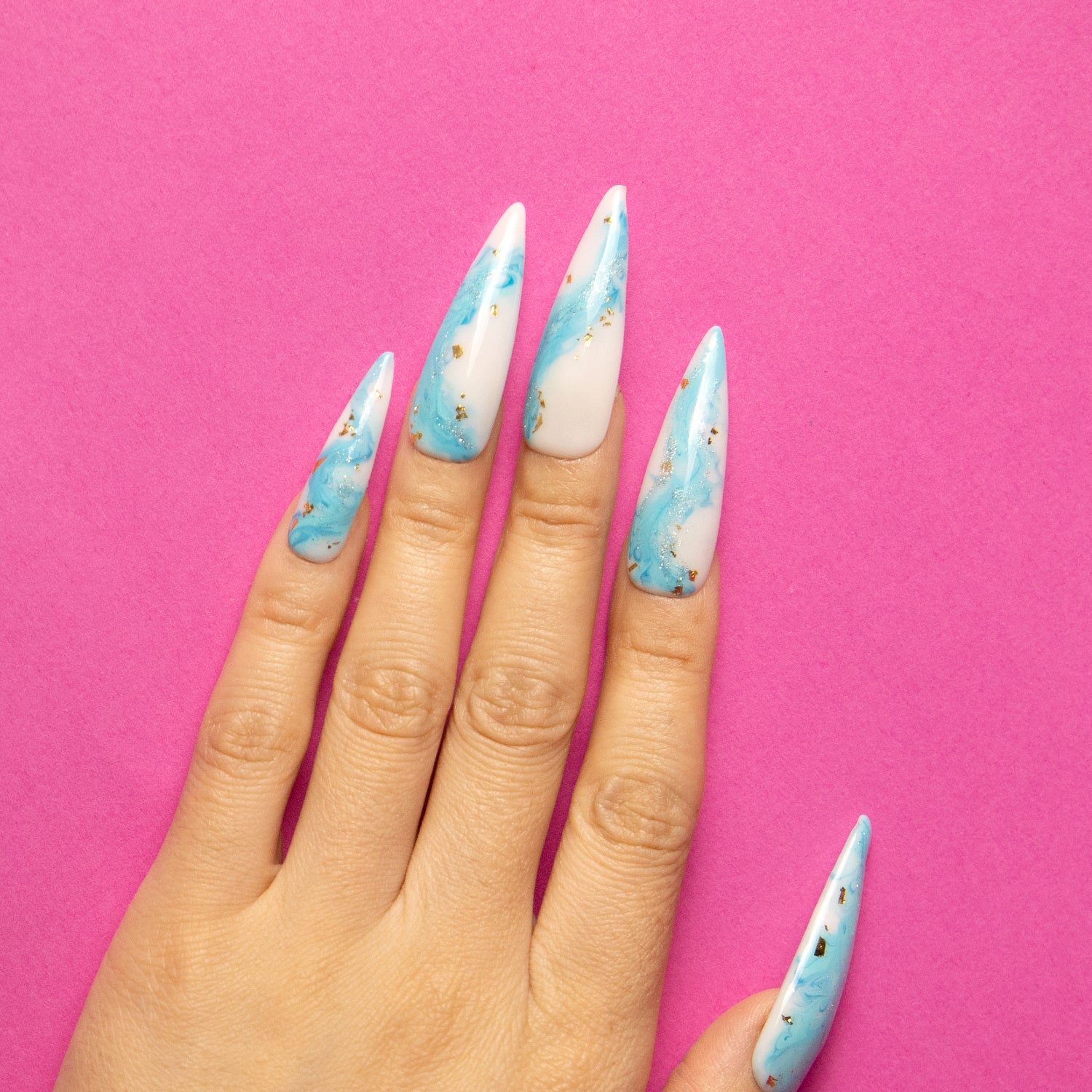 Blue Bay Wave Blue French Tip Handmade Stiletto Nails H63