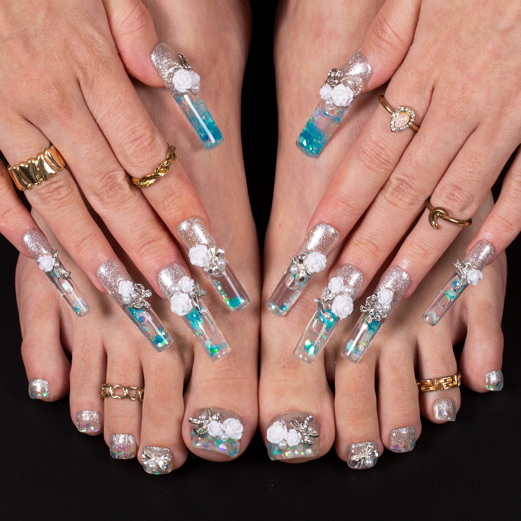 Frozen Garden Combo Set Handmade Fluid Glitter Nails GLOW IN THE DARK H631+T631