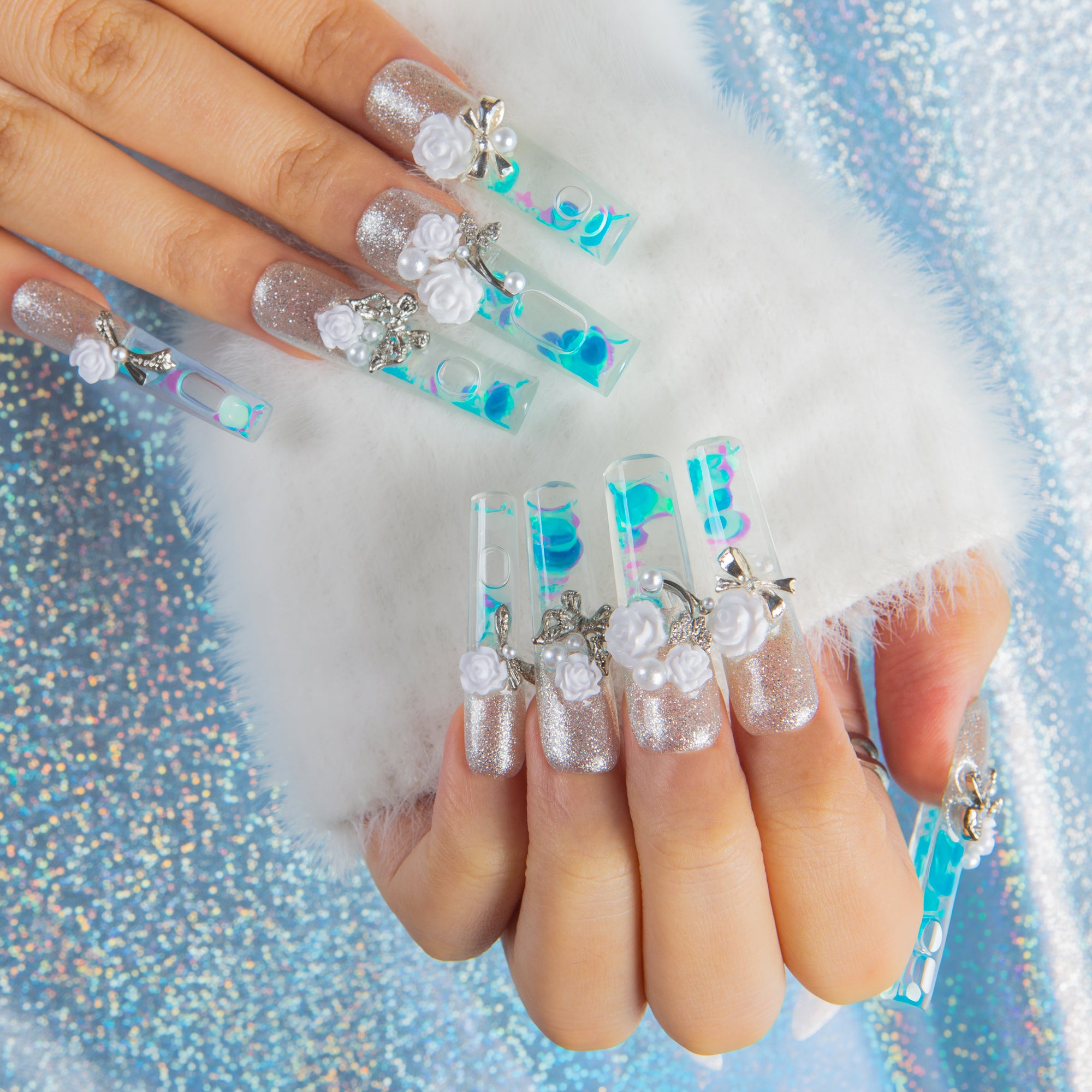 Frozen Garden Handmade Fluid Glitter Nails GLOW IN THE DARK H631