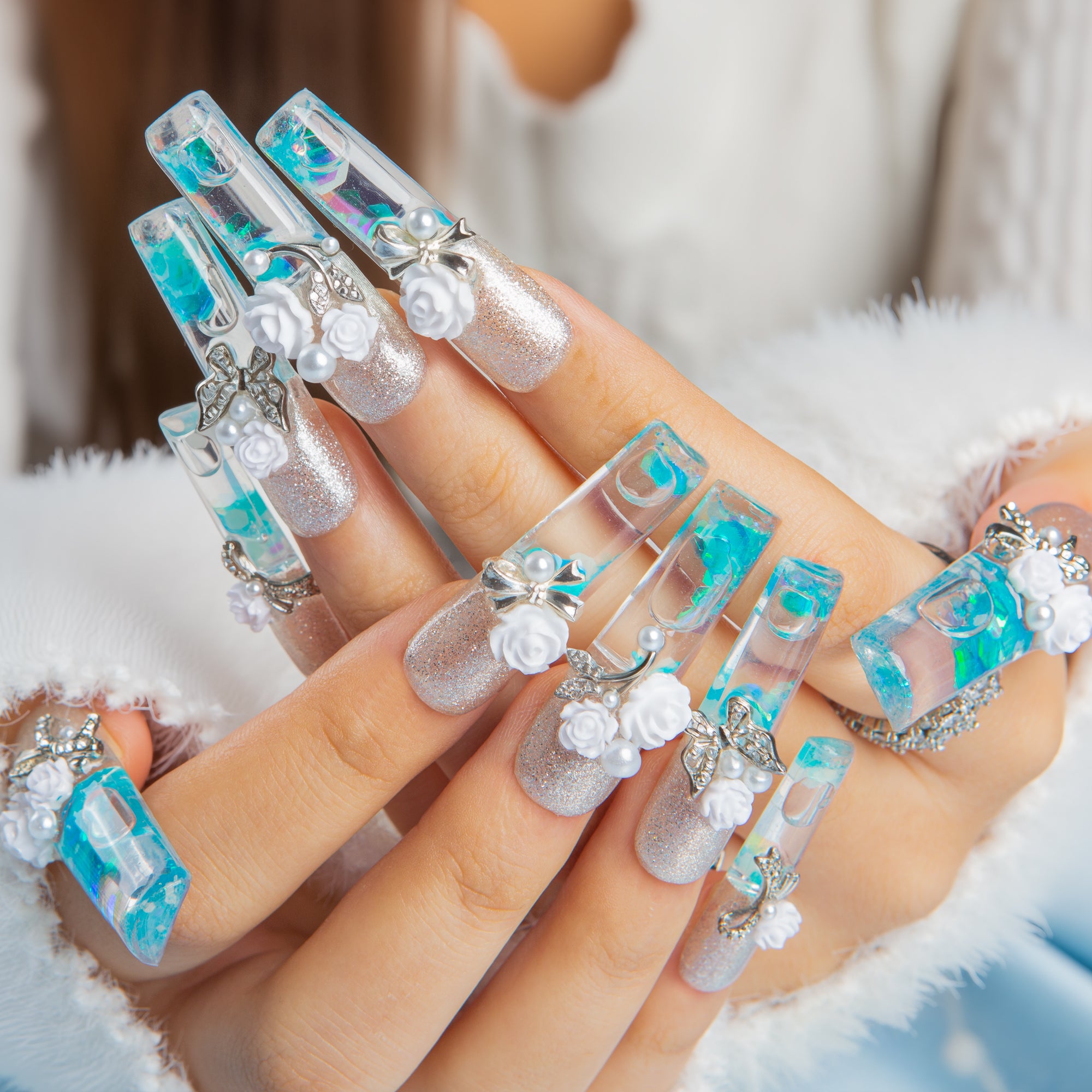 Frozen Garden Handmade Fluid Glitter Nails GLOW IN THE DARK H631