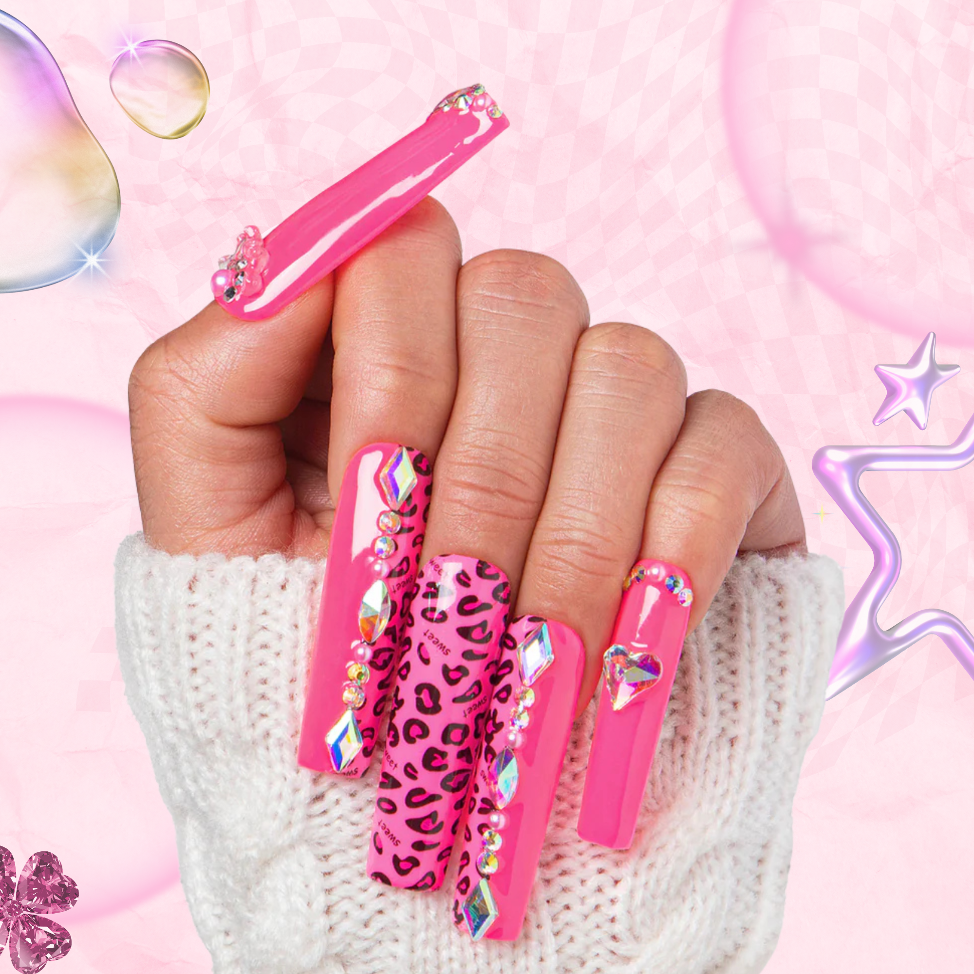 Pink Leopard Handmade Nails H64