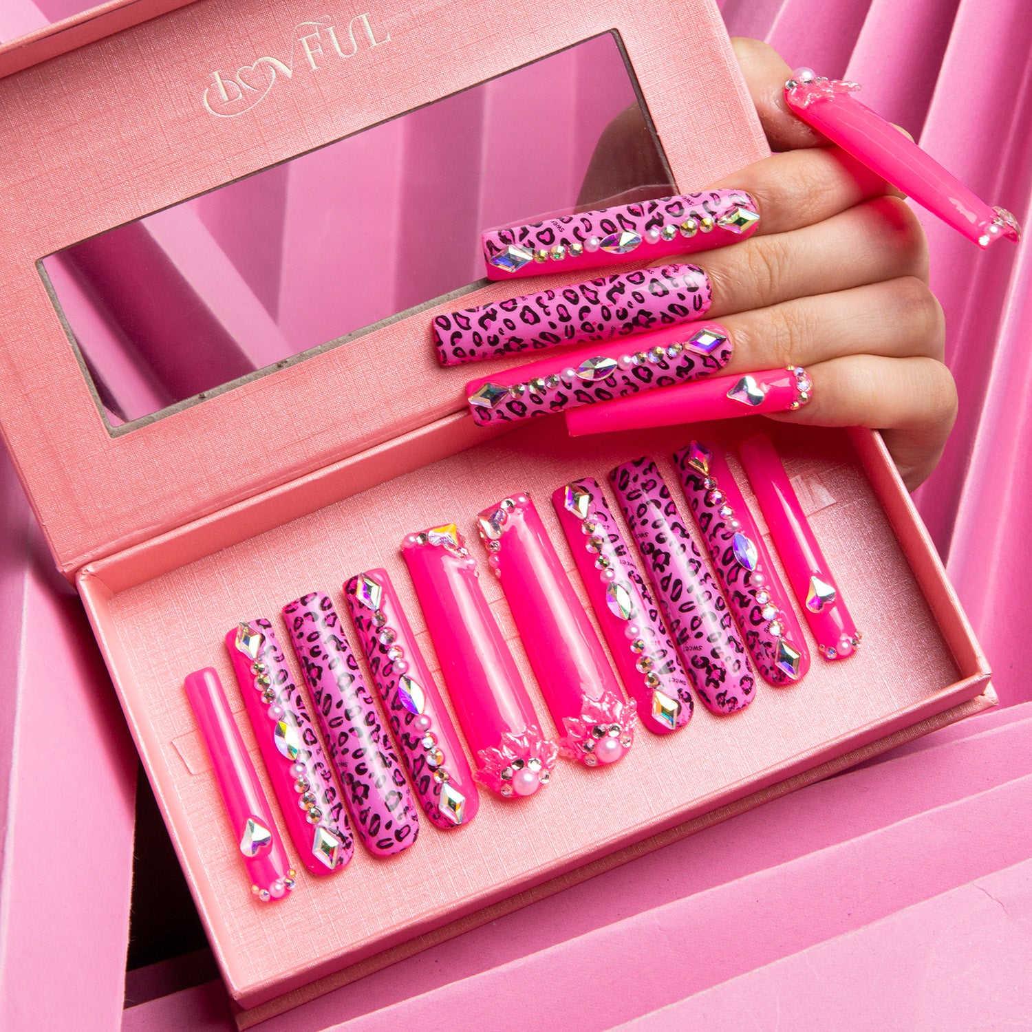 pink leopard press on nails