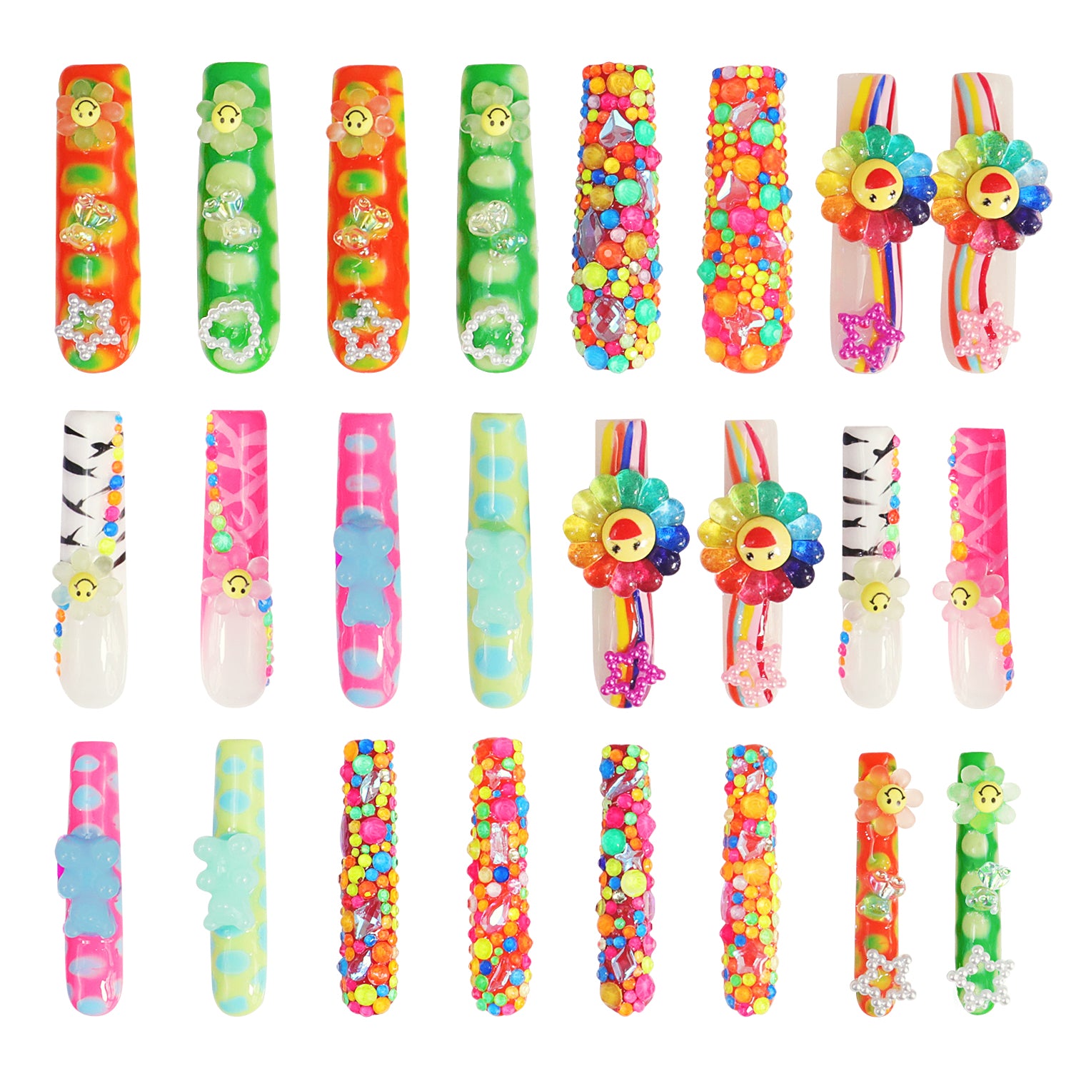 24 pieces of Lovkashi Blossom Press-On Nails from Lovful.com, featuring sunflower happy face designs and colorful 3D embellishments.