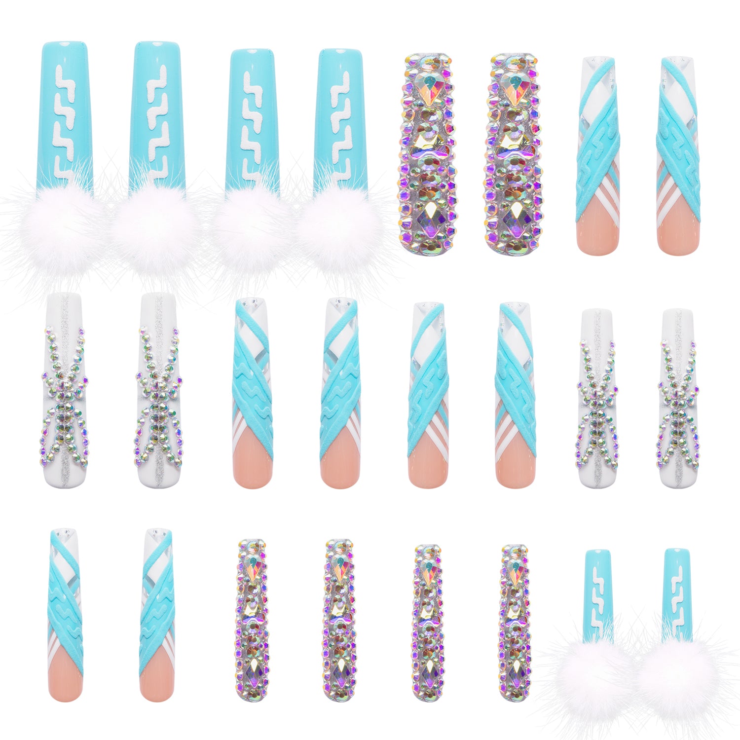 Blue Lagoon French Tip Handmade Nails 24pcs H66