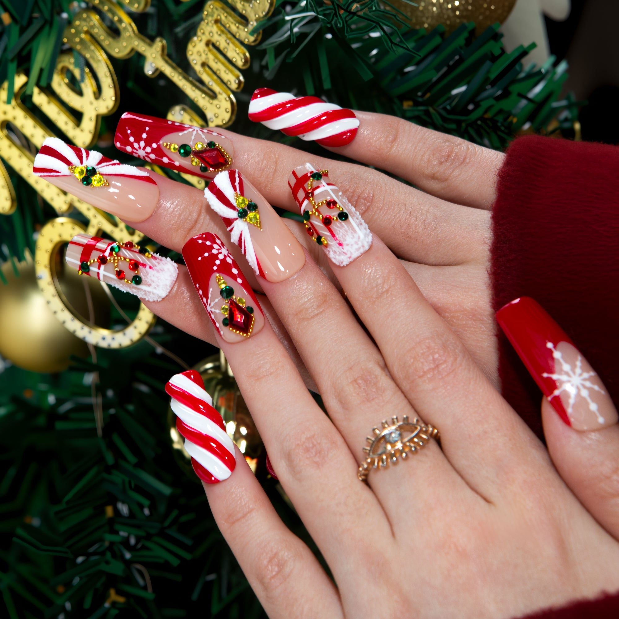 Candy Noel Handmade Square Nails H675 RTS