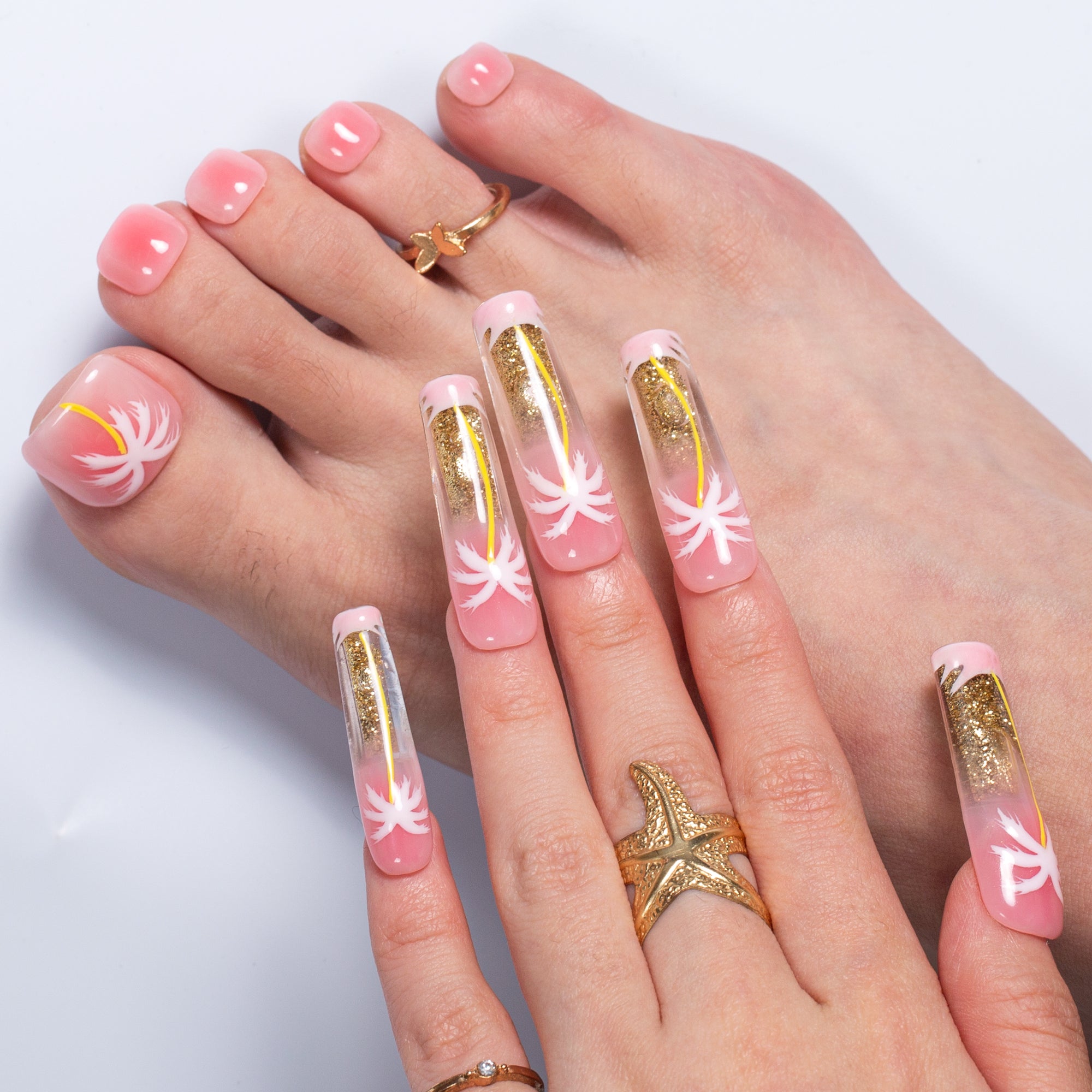 Golden Coast Combo Set Handmade Fluid Glitter Nails GLOW IN THE DARK H679+T679
