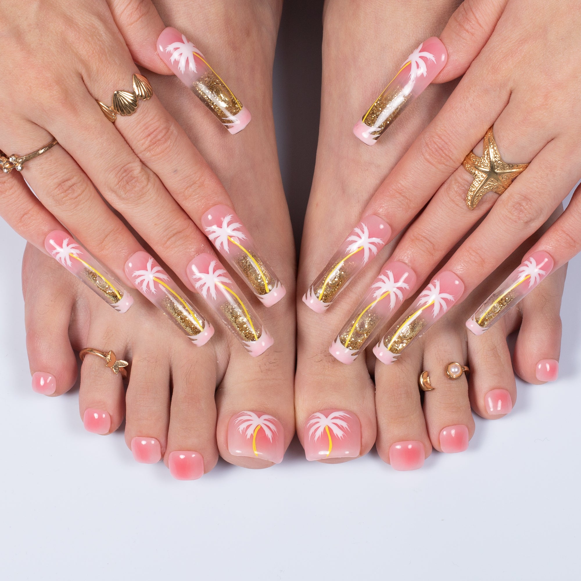 Golden Coast Combo Set Handmade Fluid Glitter Nails GLOW IN THE DARK H679+T679