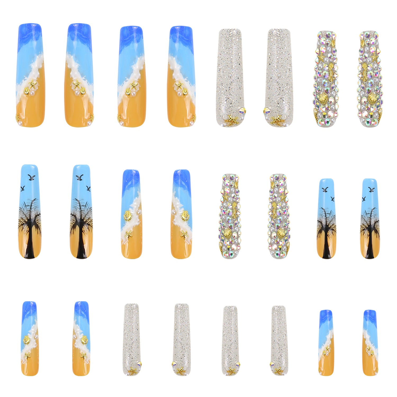 Beach Vacation blue french tip nails 24Pcs H68