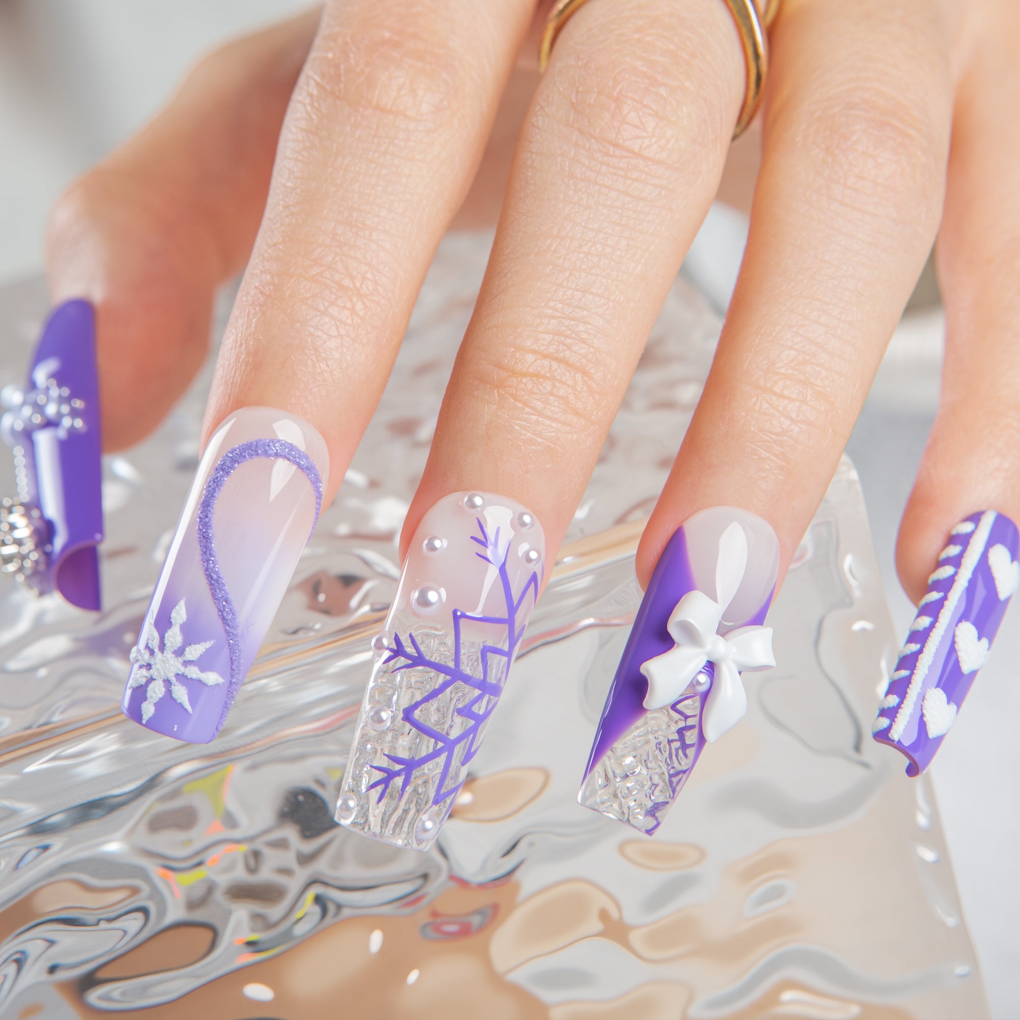 Lavender Snow Handmade Square Nails H697 RTS