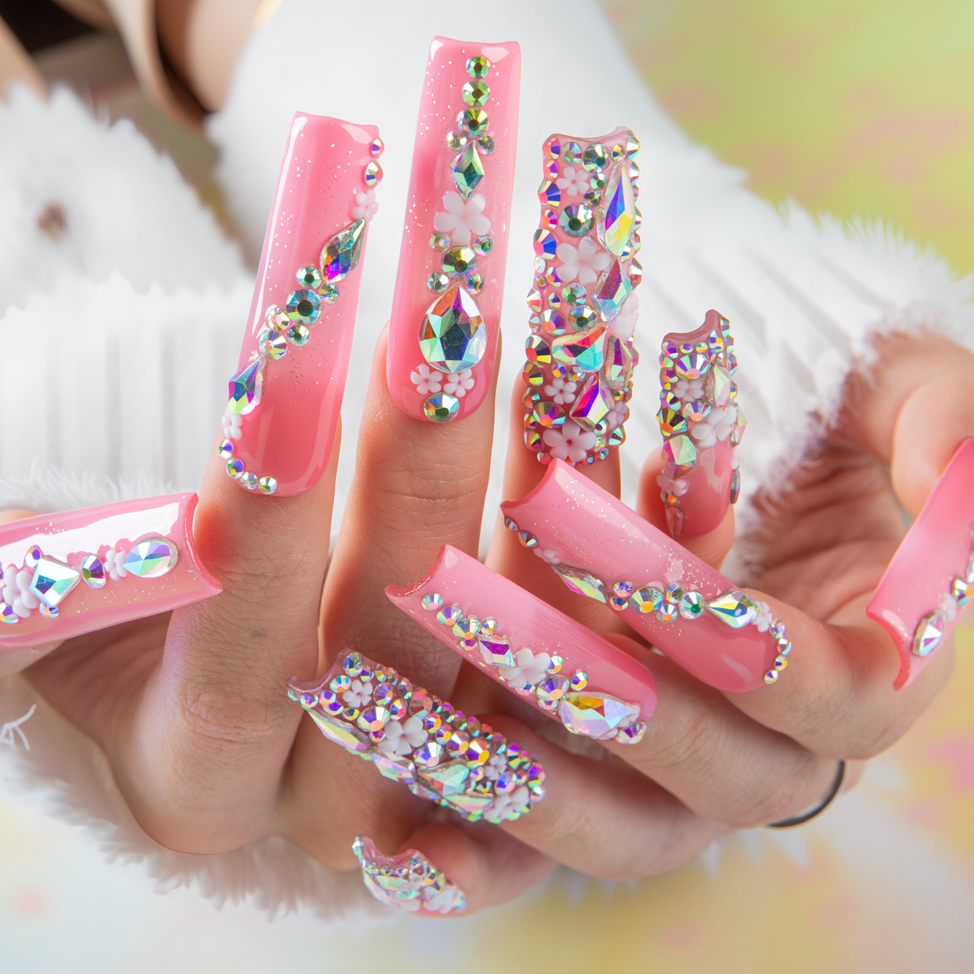 Pink Crystal Dream Handmade Square Nails H708 RTS