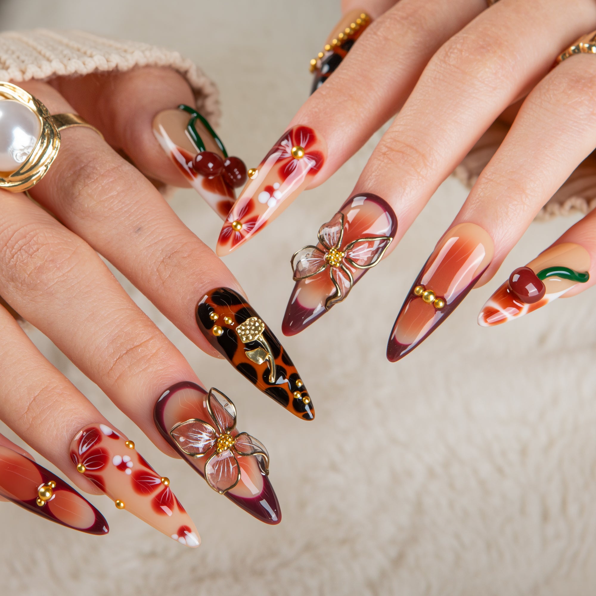 Vintage Cherry Handmade Nails H722