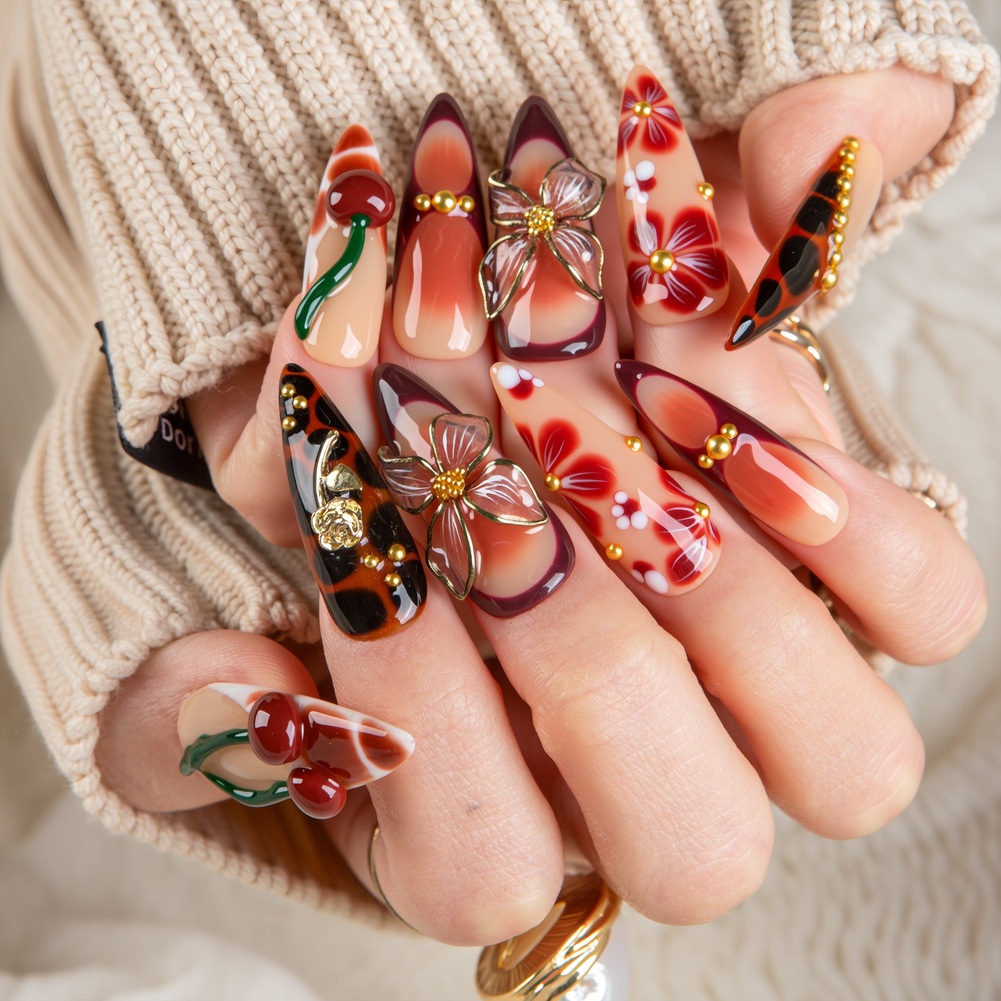 Vintage Cherry Handmade Nails H722