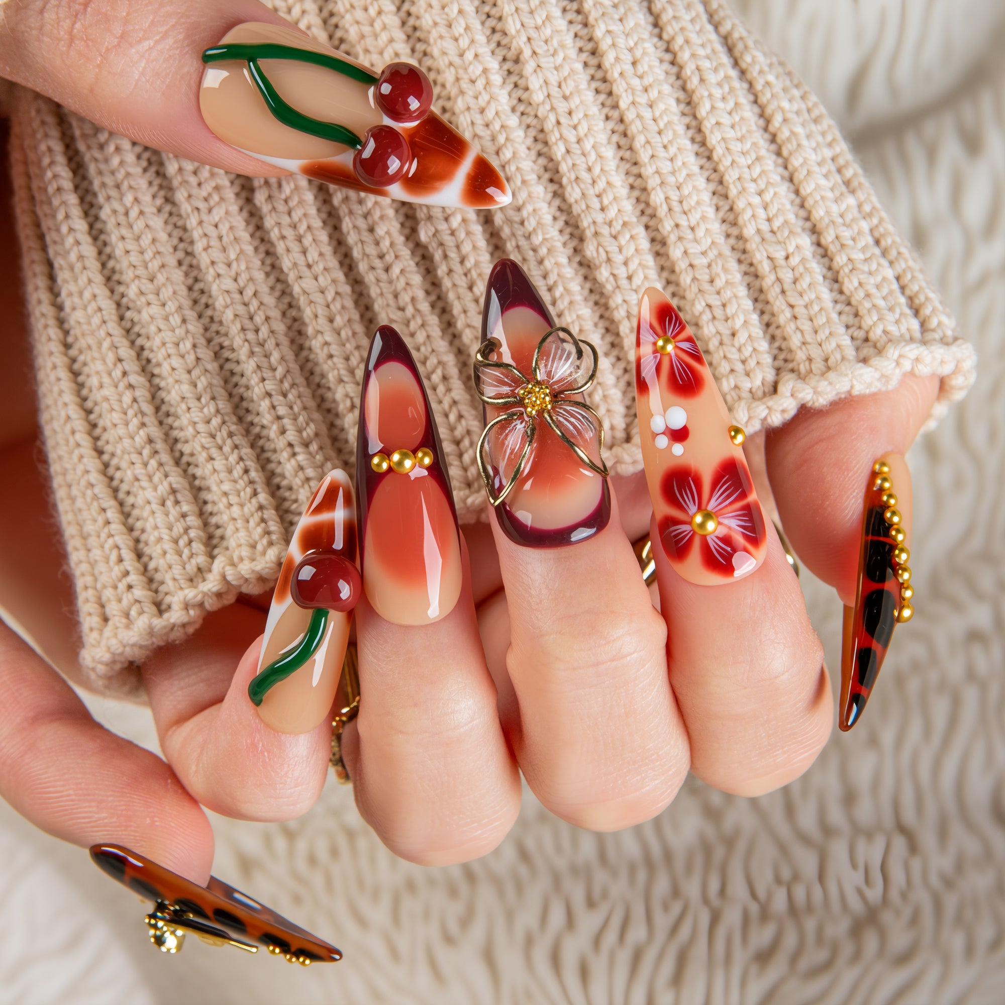 Vintage Cherry Handmade Nails H722