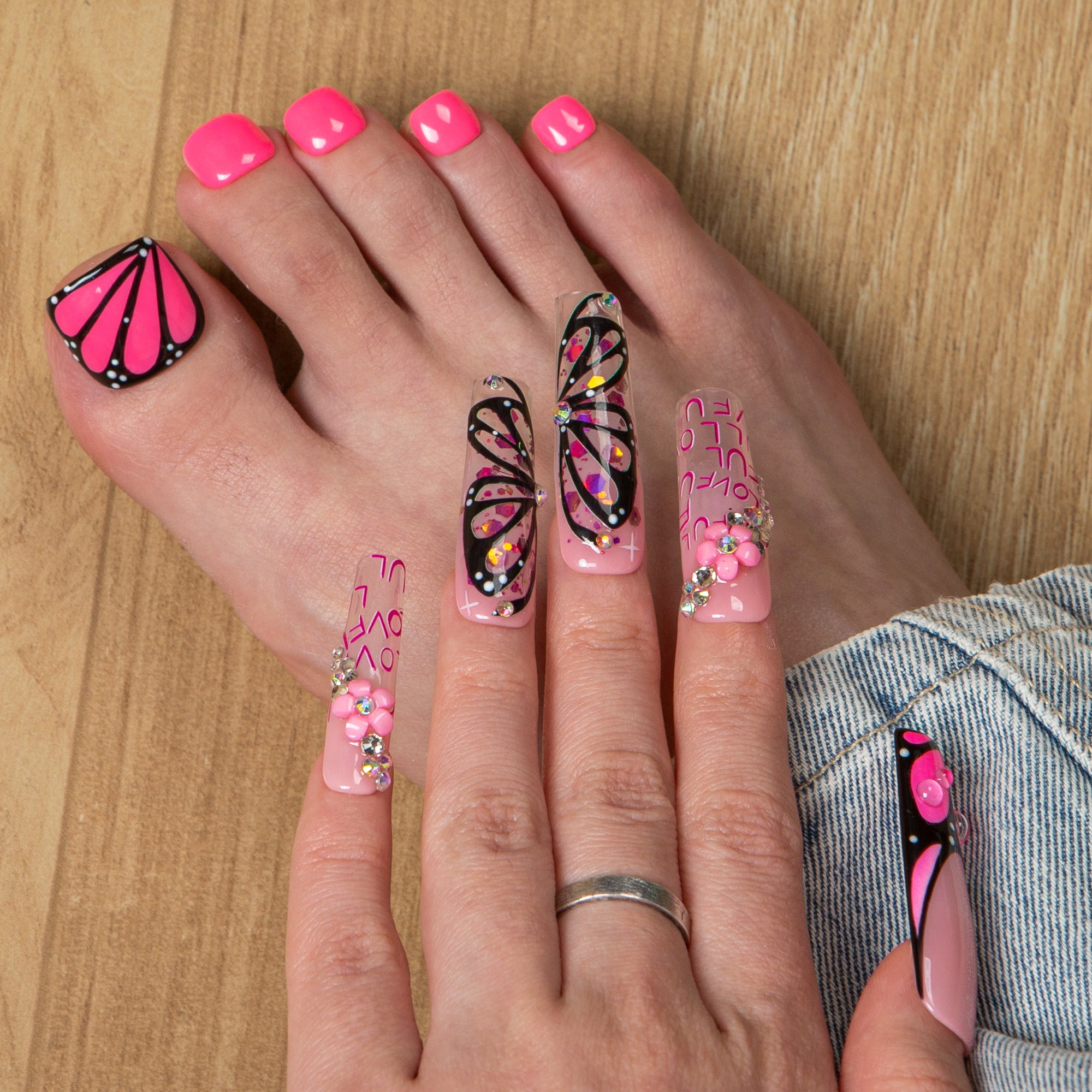 Pink Flutter Combo Set Handmade Nails H723+T723