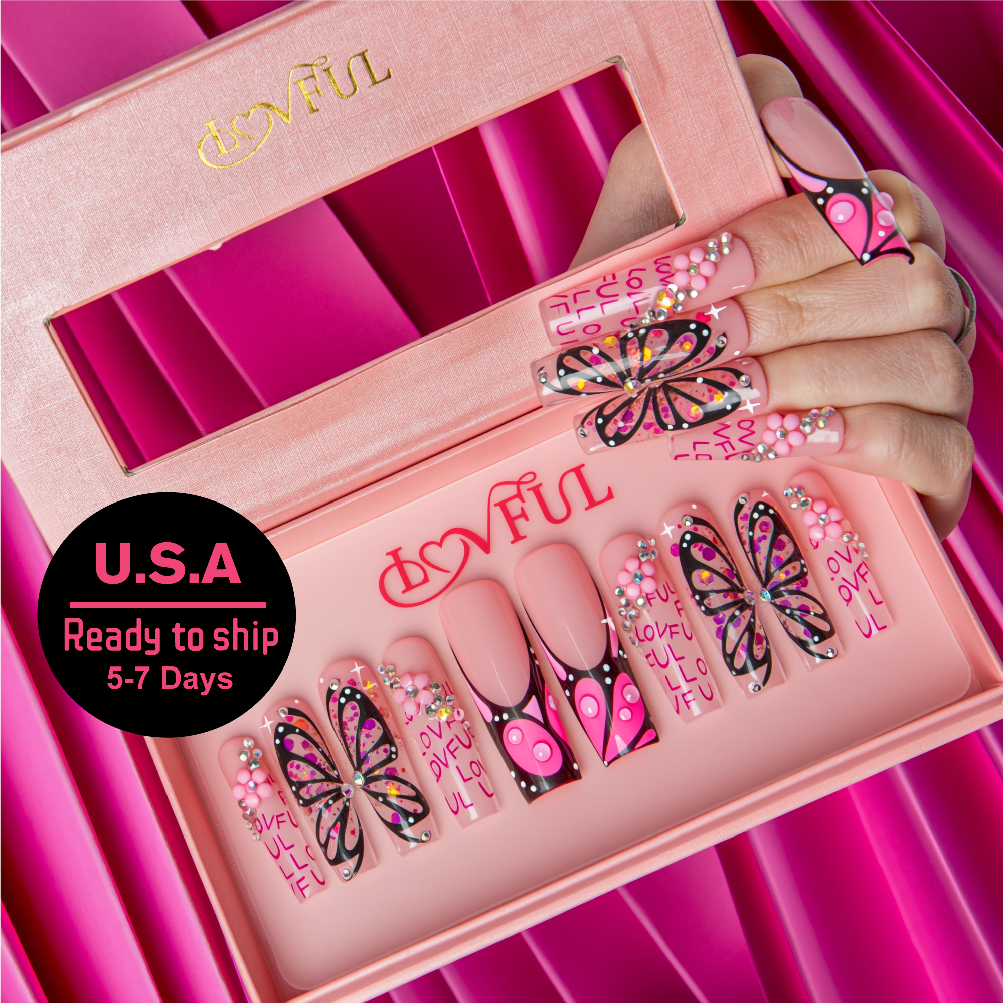 Pink Flutter Handmade Square Nails H723 RTS