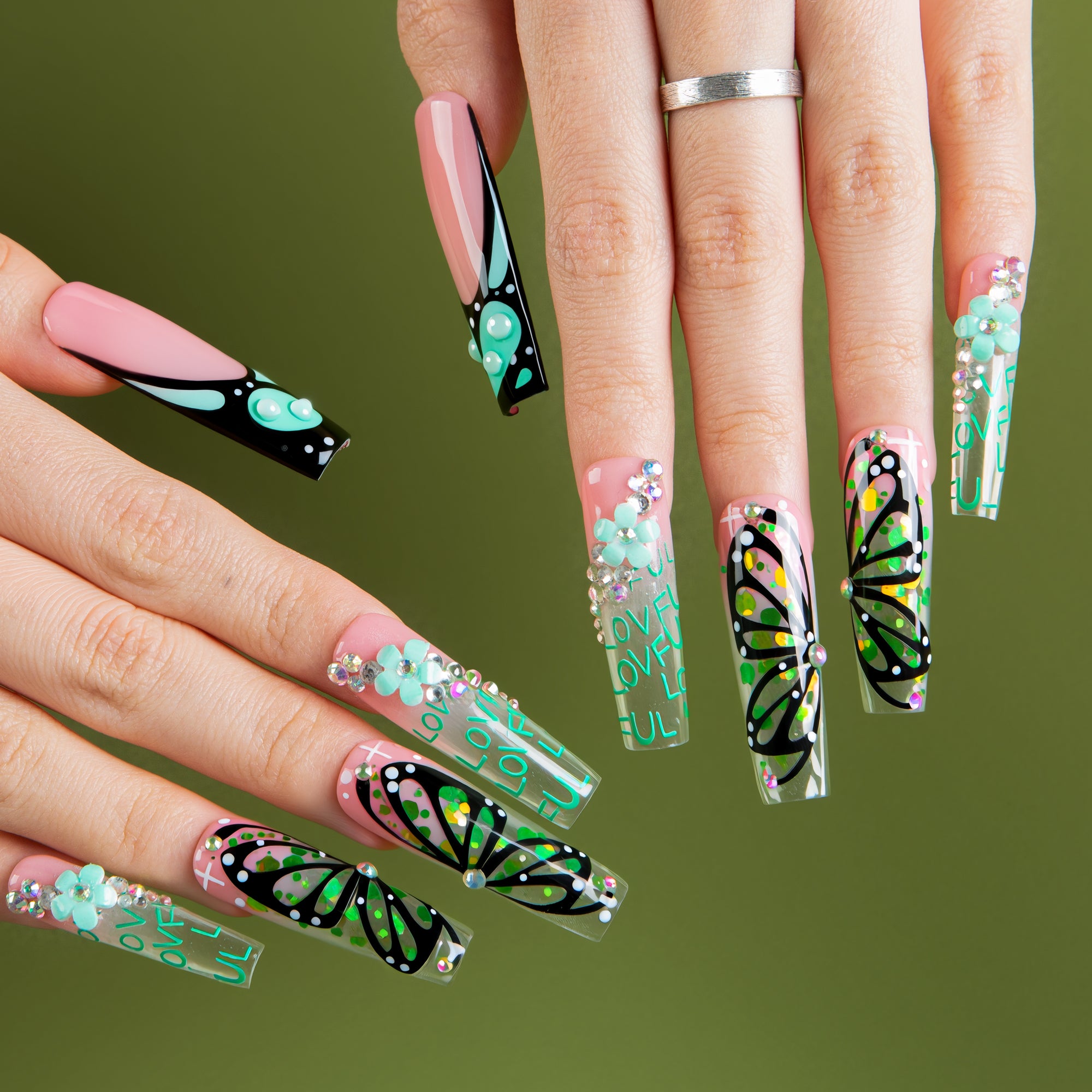 Teal Flutter Handmade Nails H724