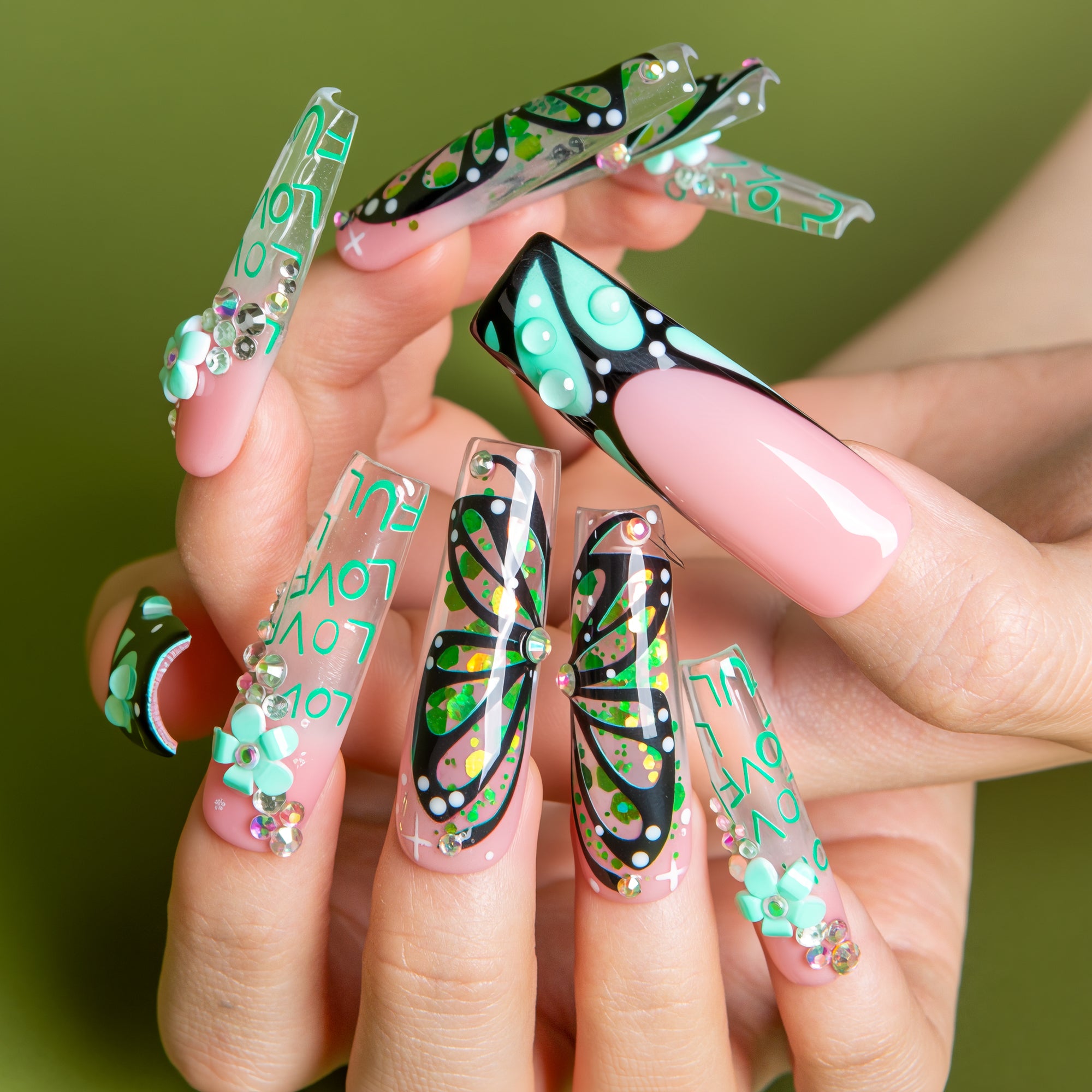 Teal Flutter Handmade Nails H724