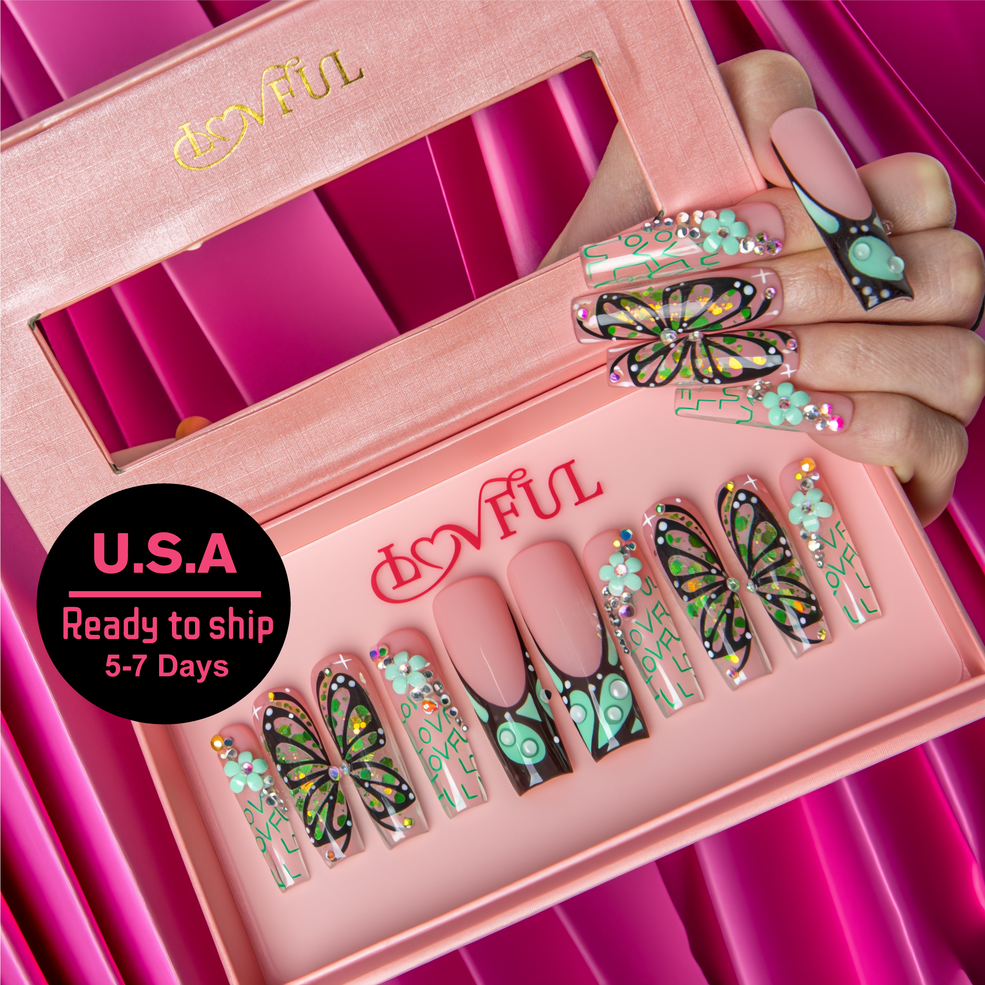 Teal Flutter Handmade Square Nails H724 RTS