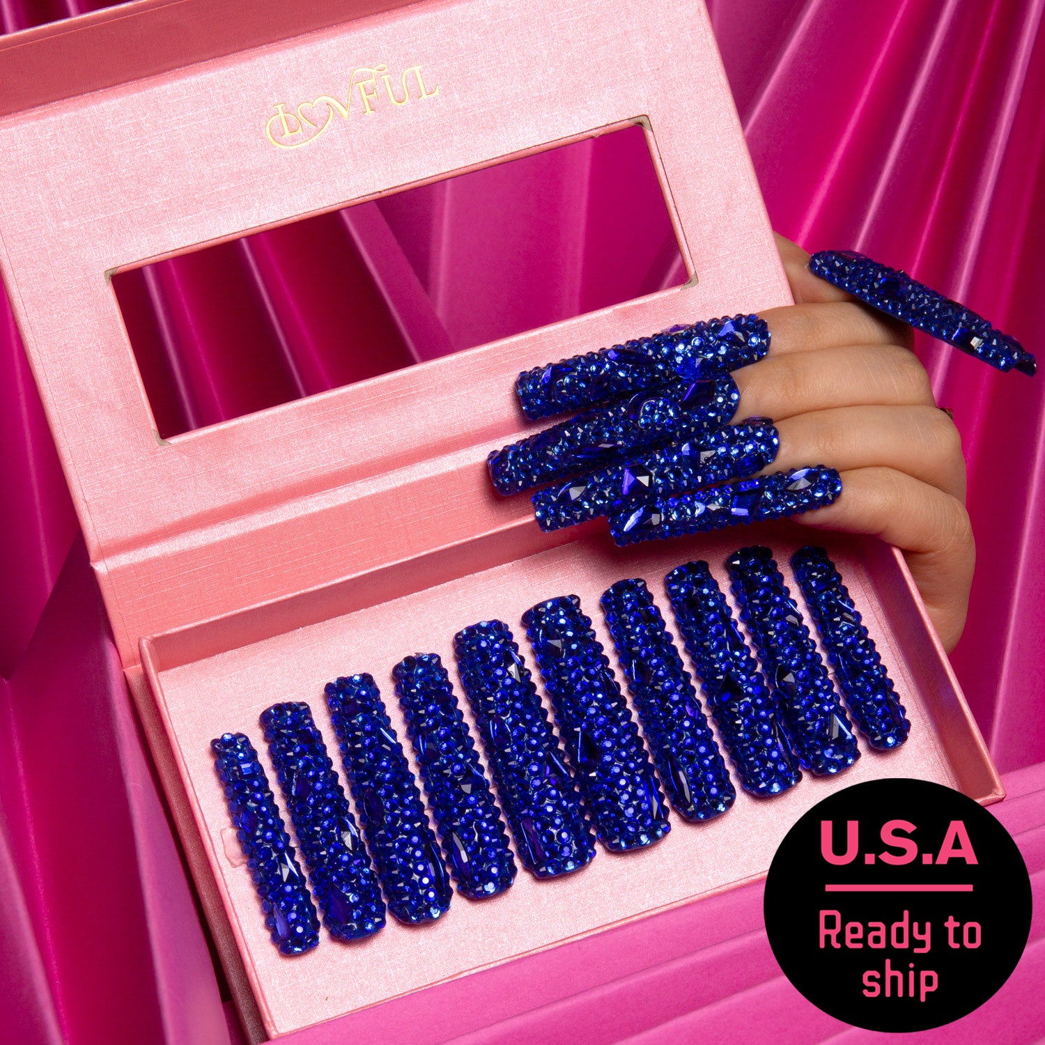 Deep Sea Classic Rhinestone Handmade Square Nails H75 RTS