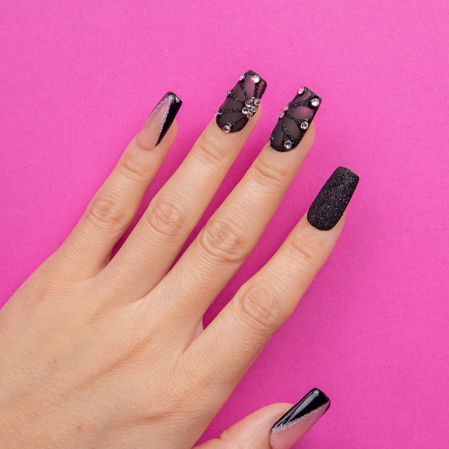 Dancing Spirit Black Handmade Square Nails H79