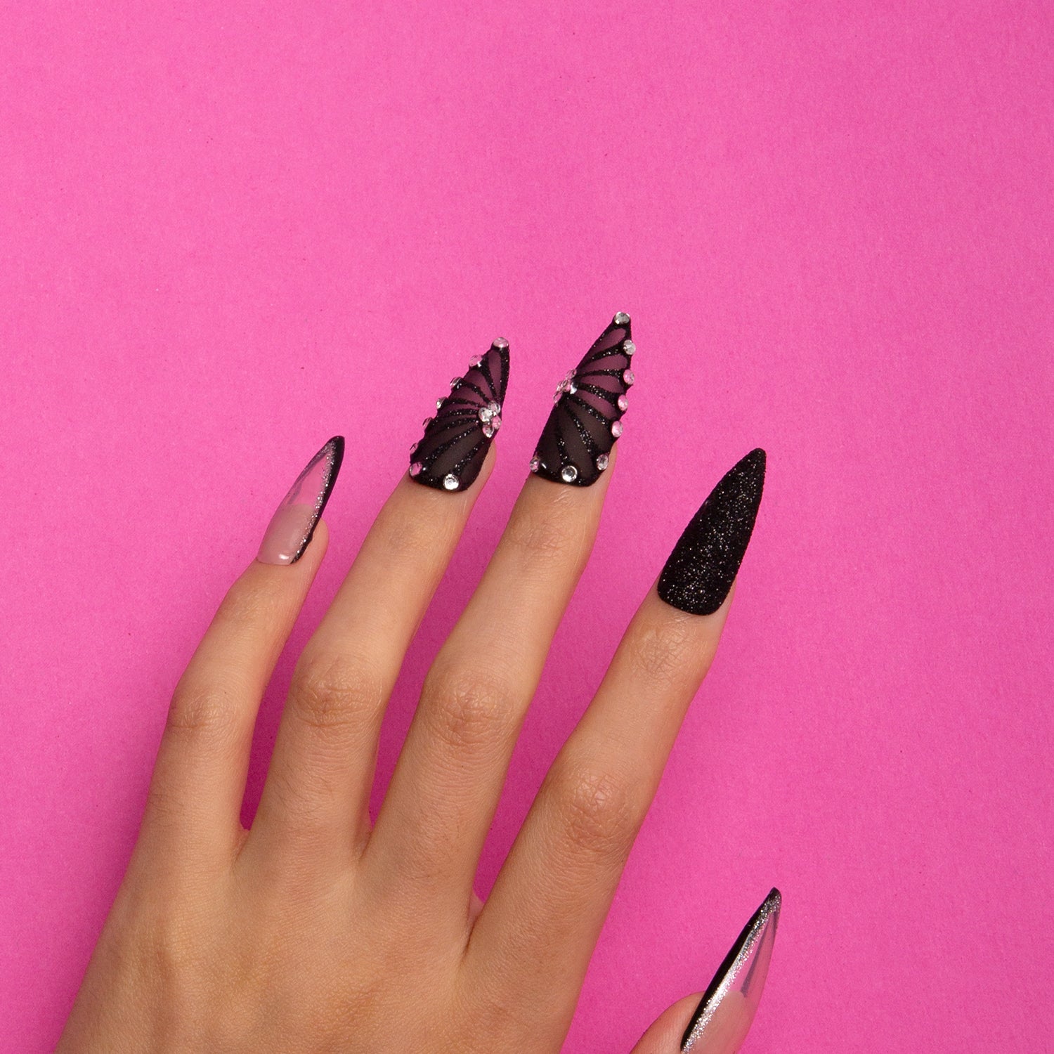 Dancing Spirit Black Handmade Stiletto Nails H79