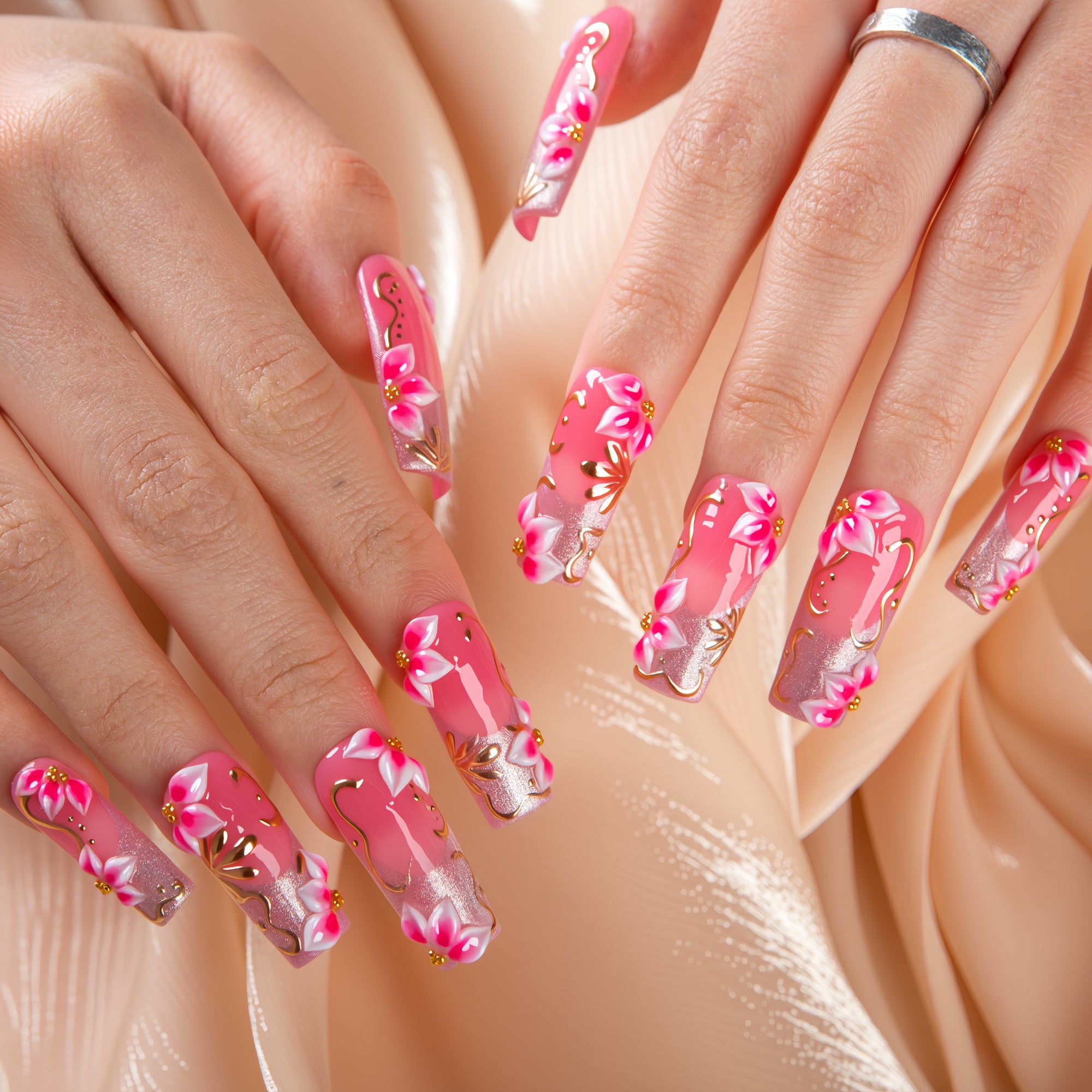 Pink Gilded Handmade Square Nails H791 RTS