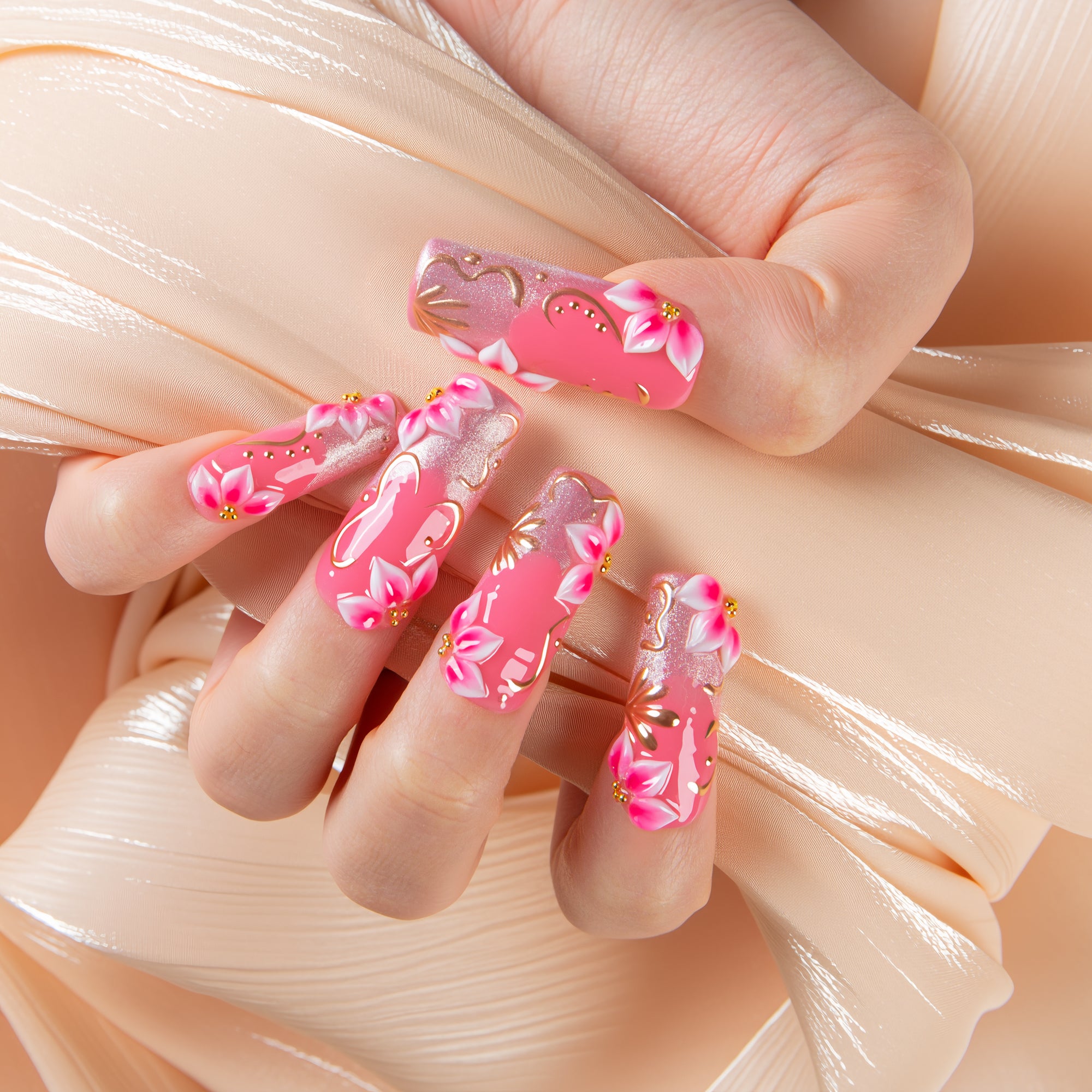 Pink Gilded Handmade Square Nails H791 RTS