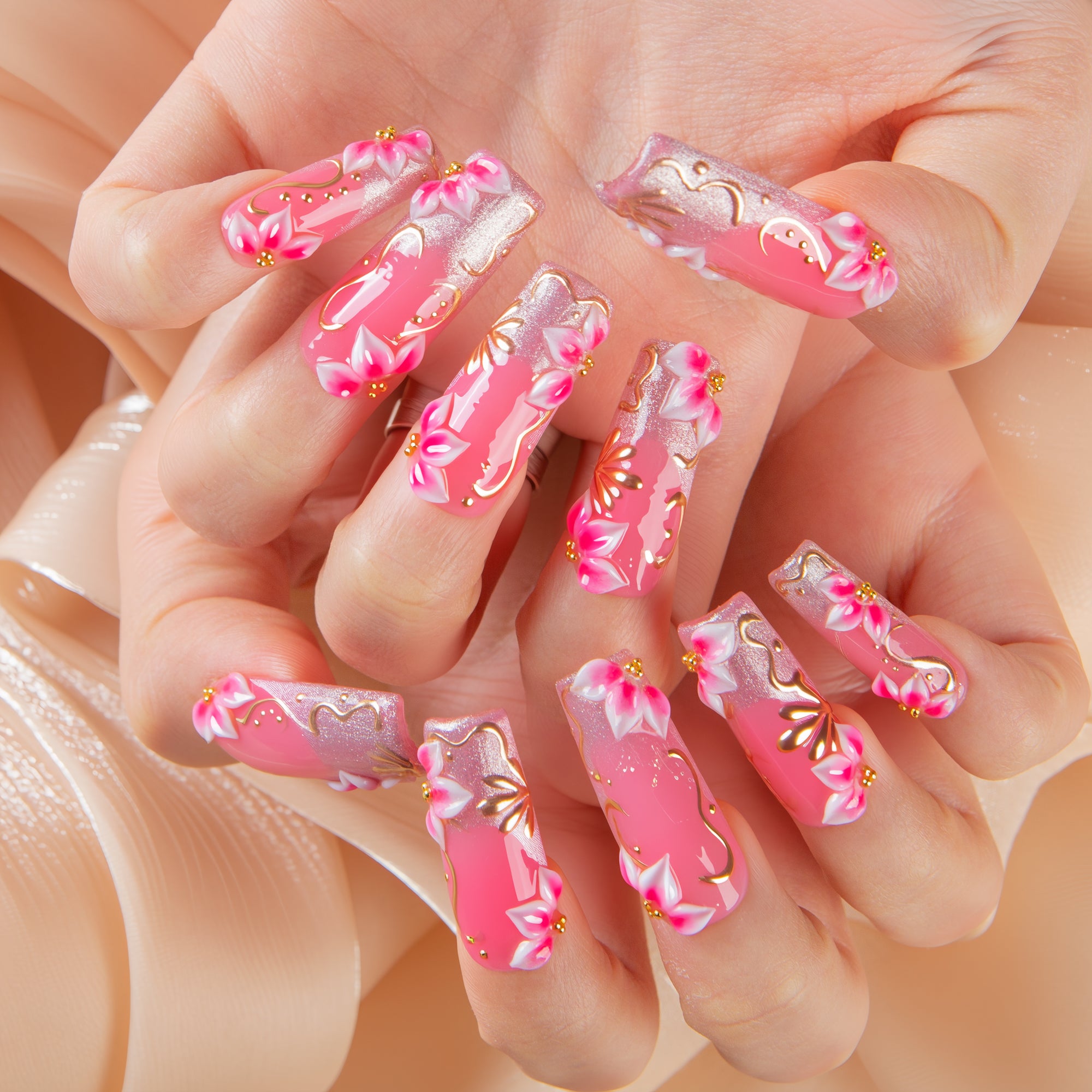 Pink Gilded Handmade Square Nails H791 RTS