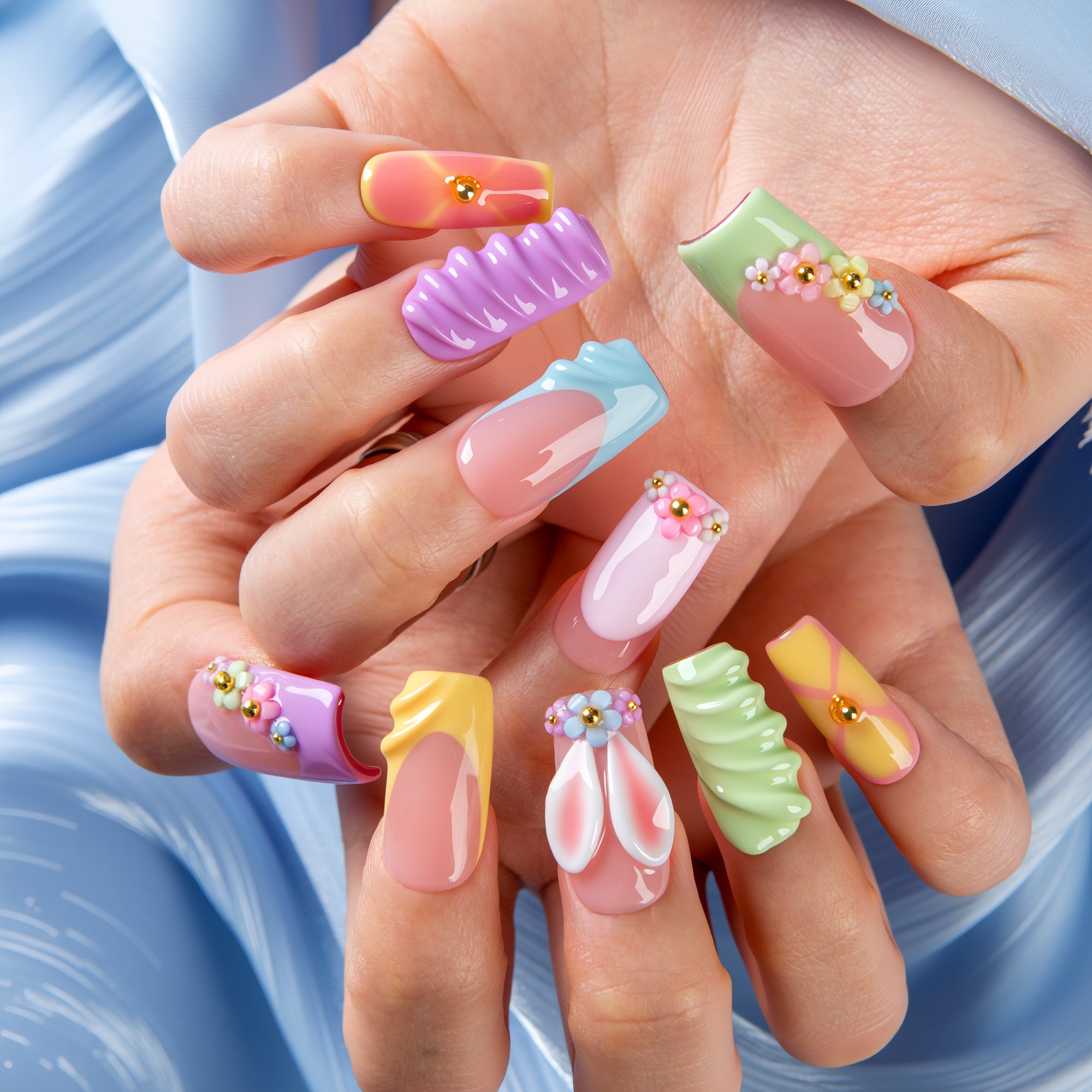 Pastel Bunnies Handmade Square Nails H810 RTS