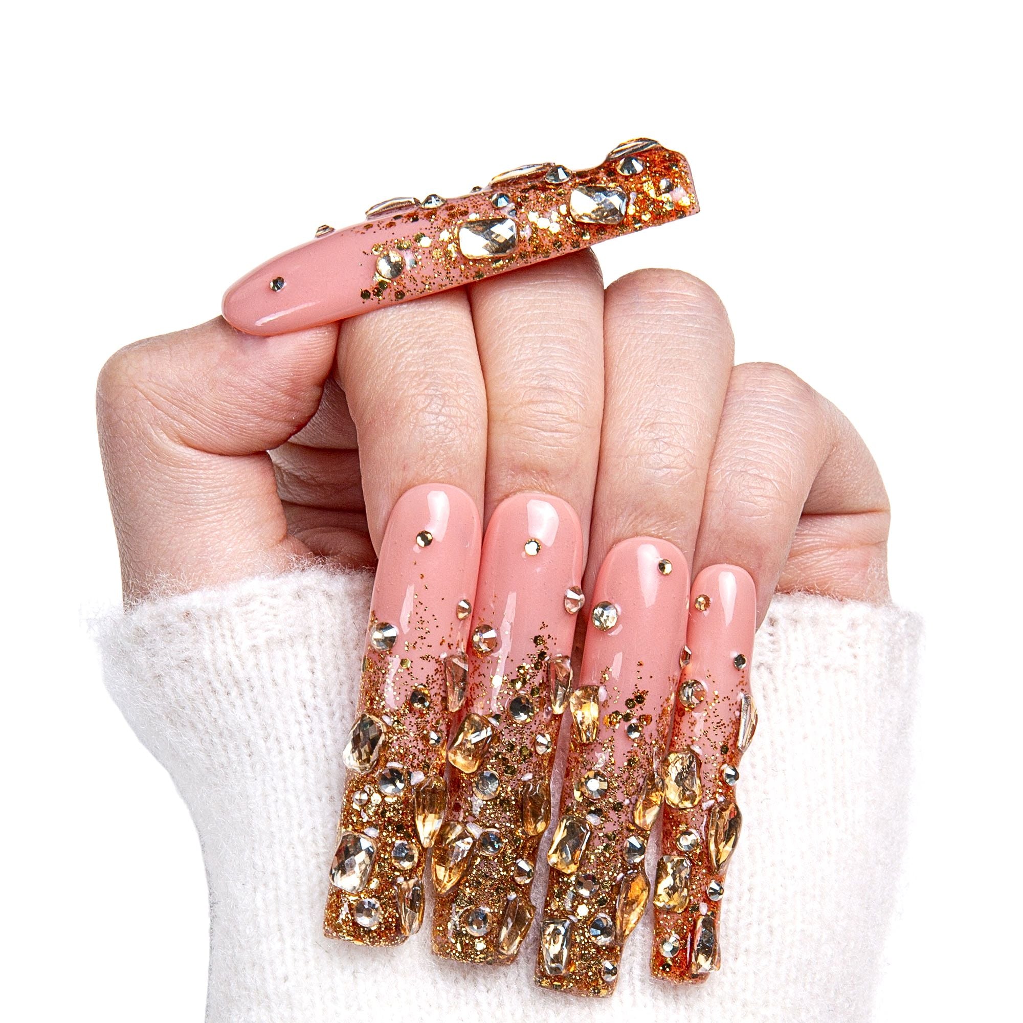 Stardust Gold Rhinestone Handmade Nails H84