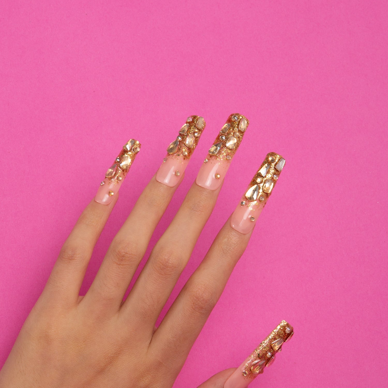 Stardust Gold Rhinestone Handmade Square Nails H84