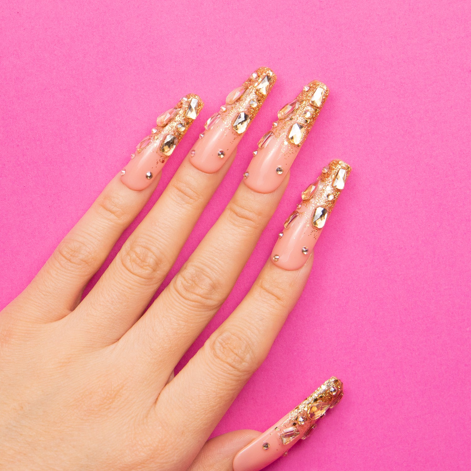 Stardust Gold Rhinestone Handmade Coffin Nails H84