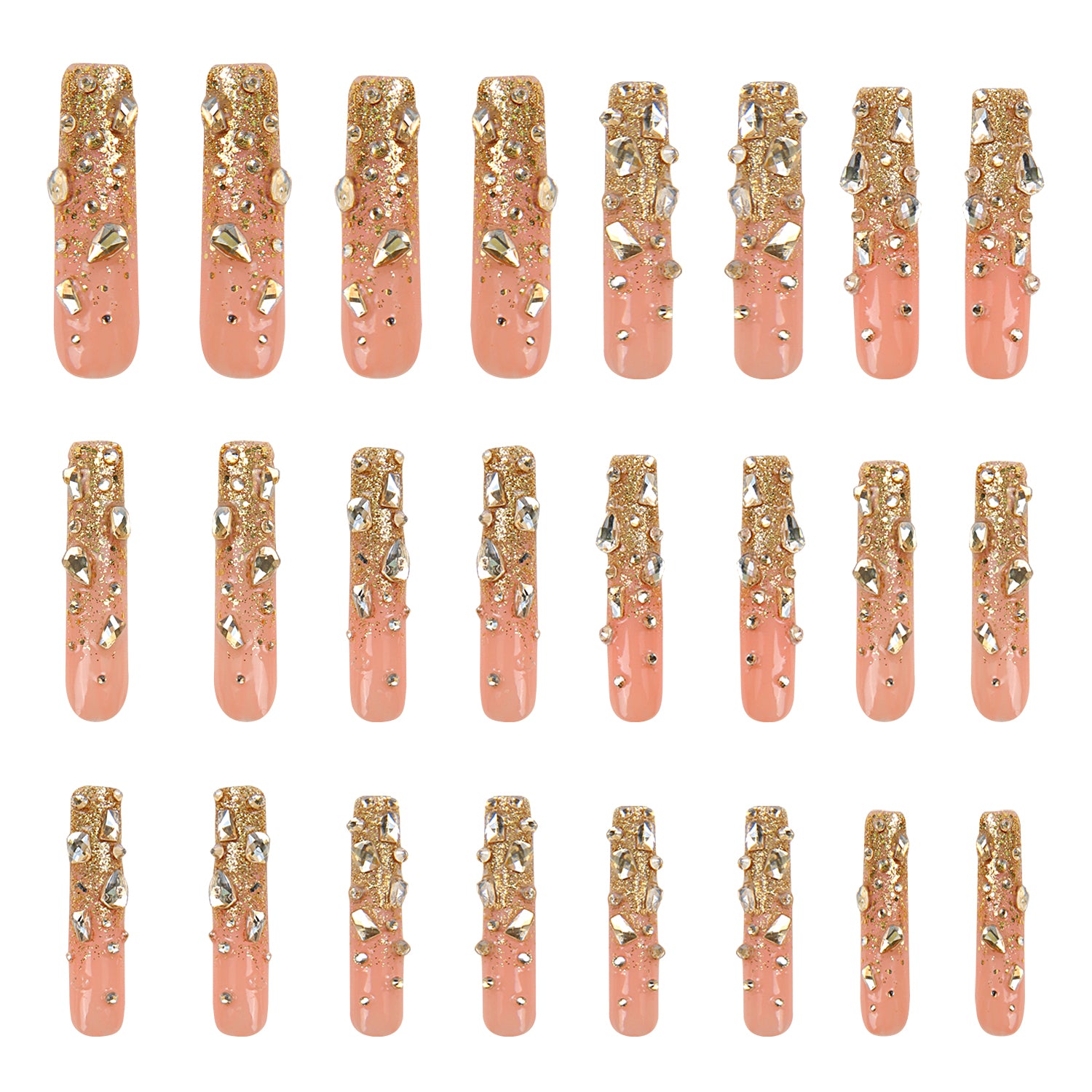 Set of 24 press-on nails titled 'H84 Stardust' featuring golden glitter and gem embellishments on French tips with a nude base, arranged in three rows.