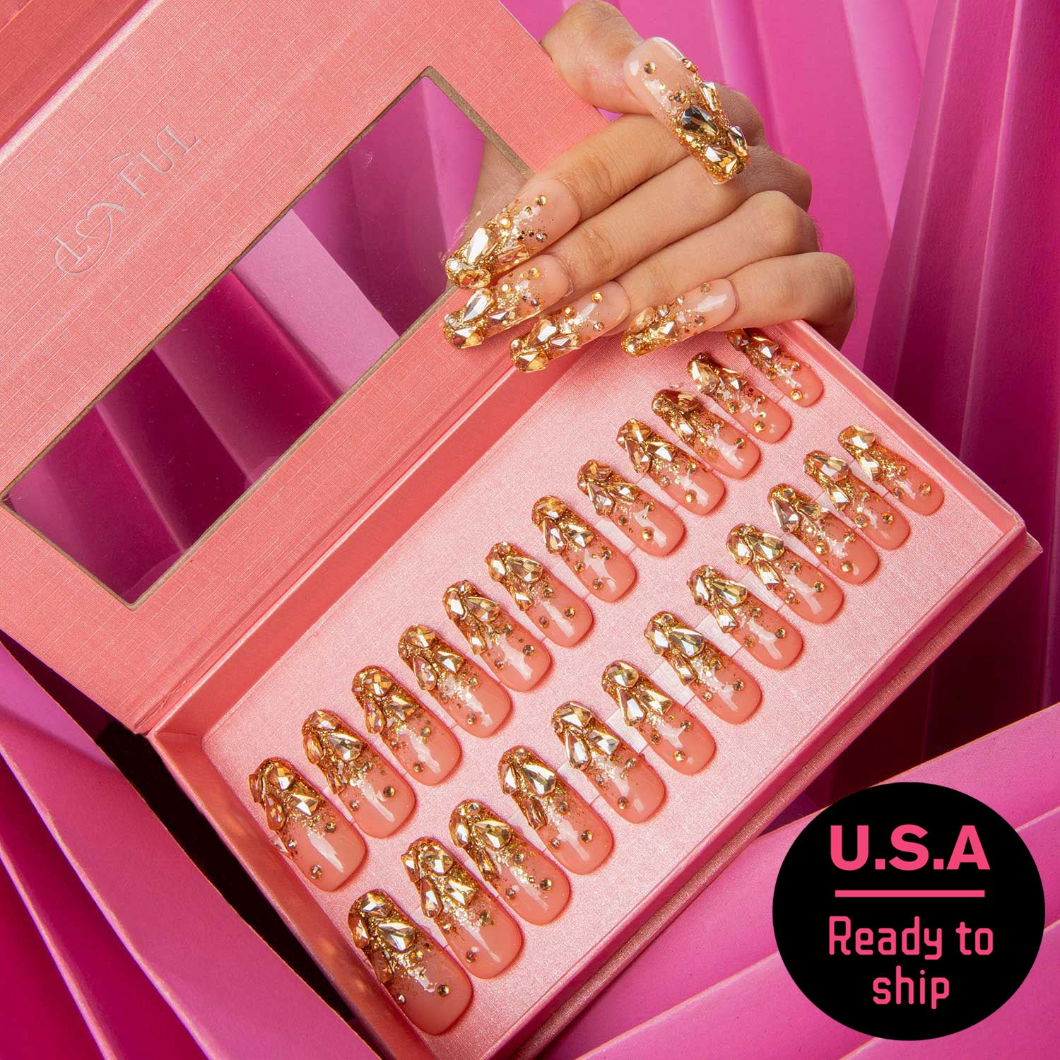 24-piece set of Stardust H84 press-on nails with gold glitter French tips in a pink Lovful box, labeled U.S.A Ready to ship.