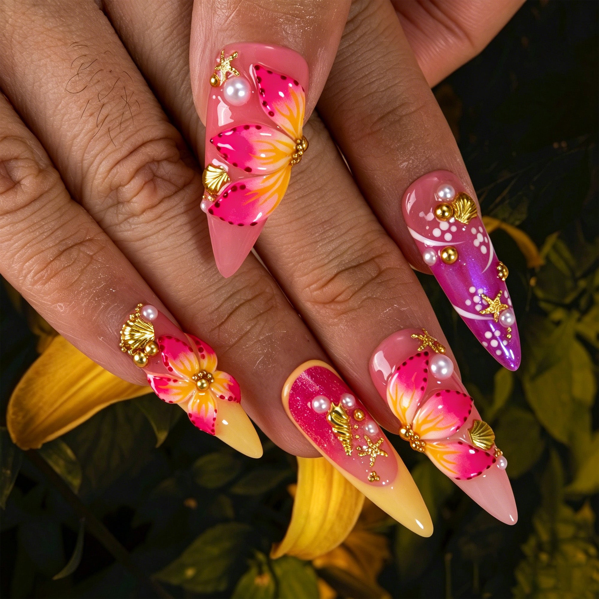 Sunset Hibiscus Handmade Nails H880